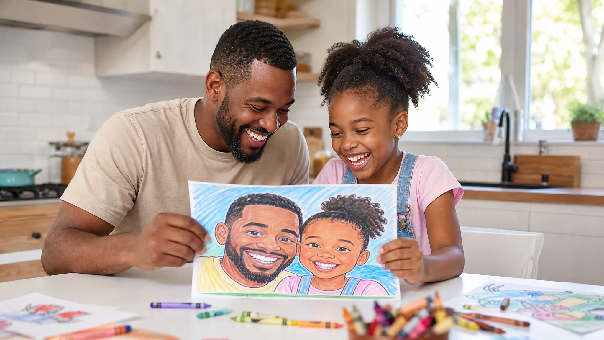 Father and daughter laughing at a printed cartoon portrait of themselves at a bright kitchen table