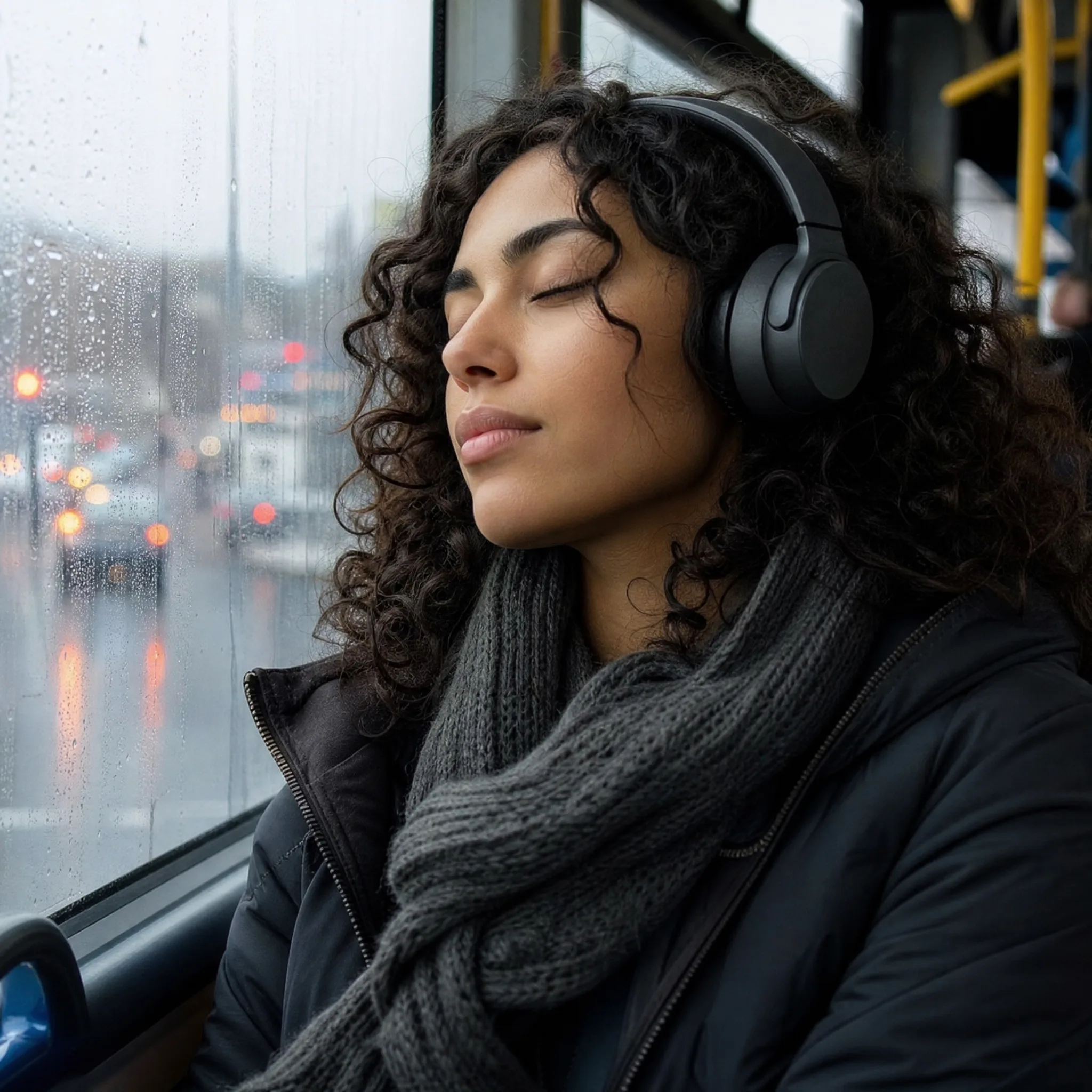 Young woman with curly hair and headphones listening to music with eyes closed by a rainy bus window