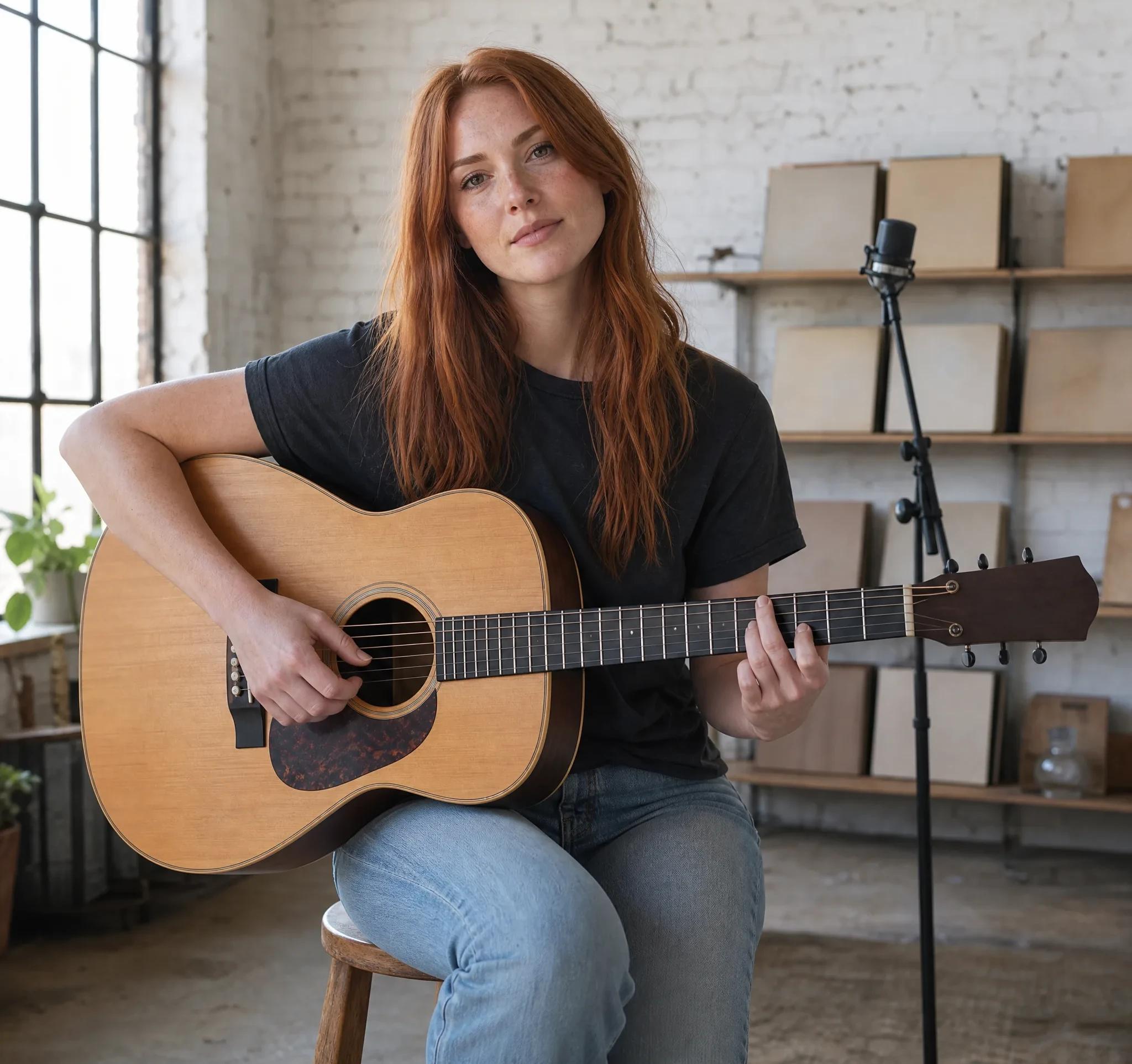 Auburn-haired singer-songwriter playing an acoustic guitar on a wooden stool beside a microphone in a white brick loft