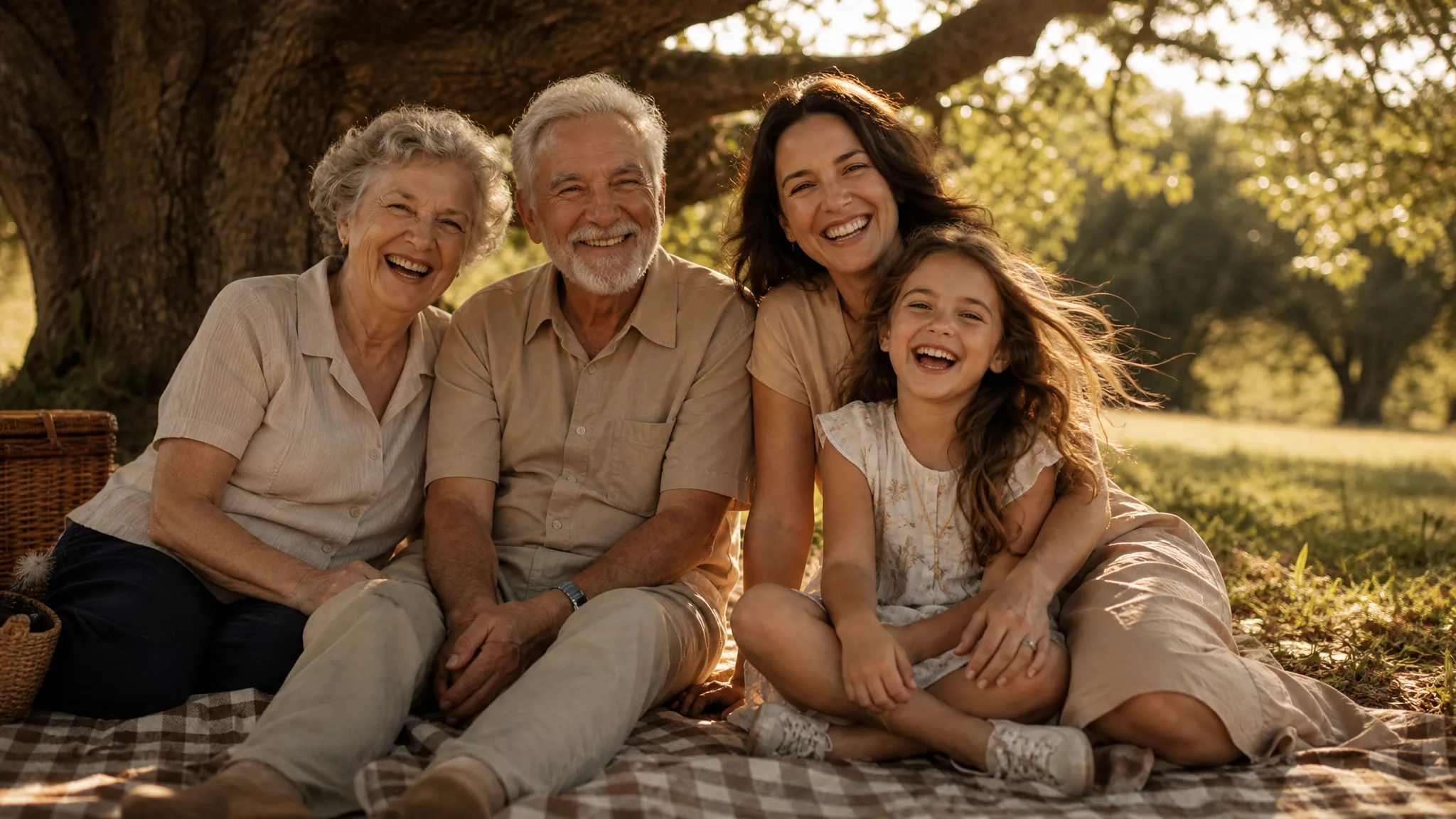 Grandparents, a mother and a young girl laughing together on a checked picnic blanket under a large oak tree