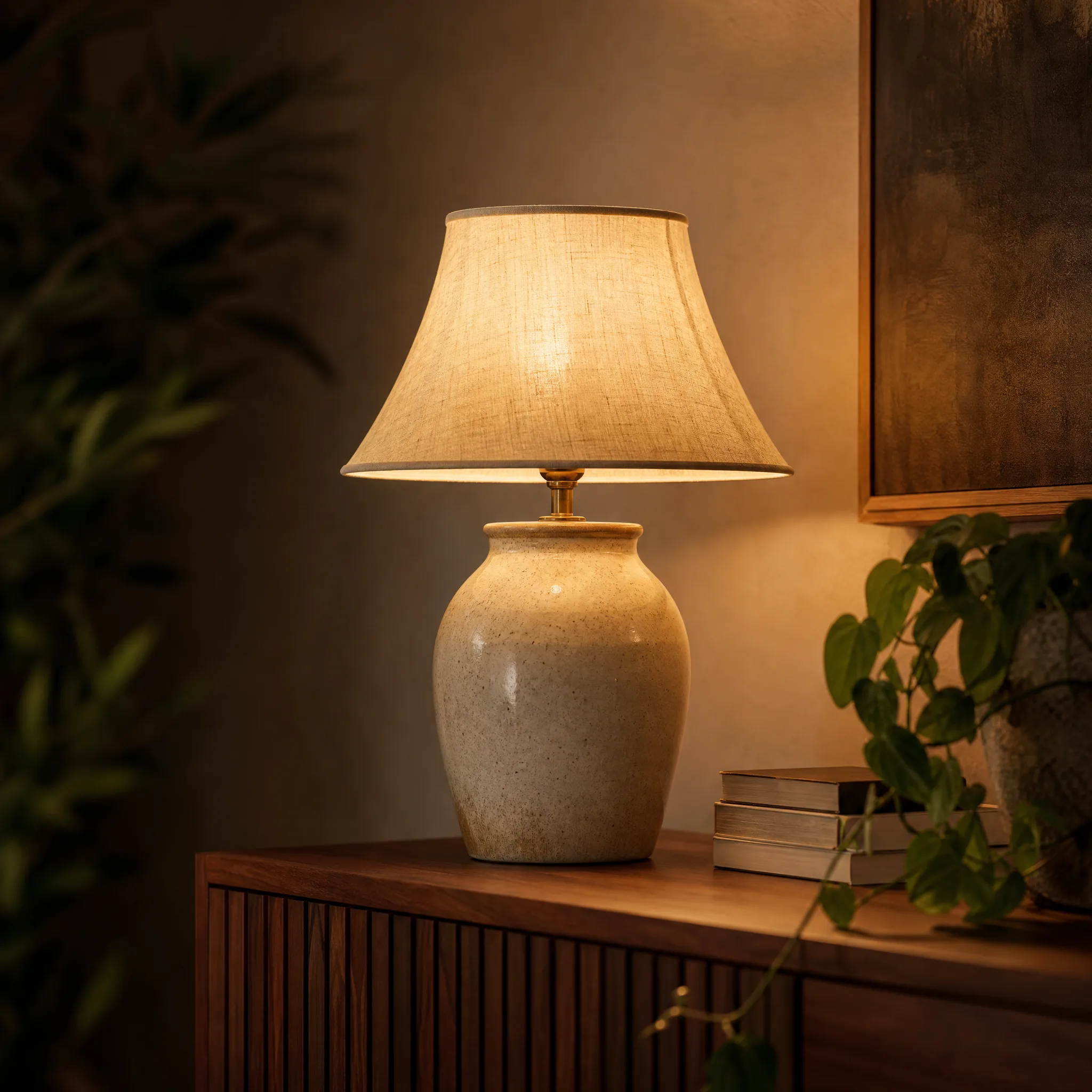 Cream ceramic table lamp glowing on a wooden sideboard beside a trailing plant