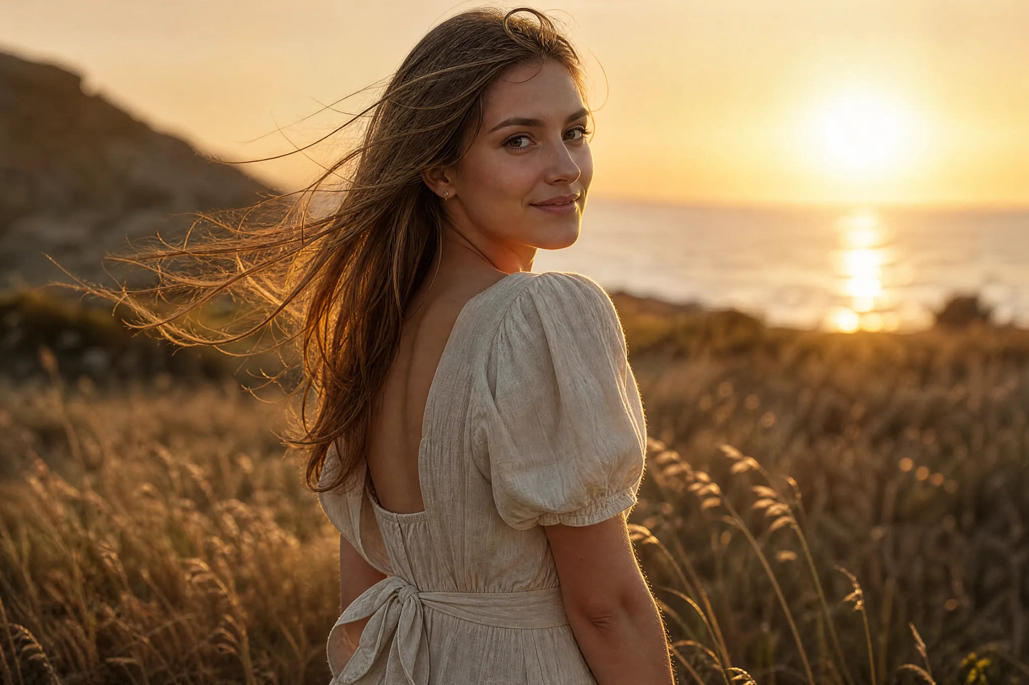 Image to Video: A Portrait Ready for Its Next Moment Woman in a cream linen dress glancing back over her shoulder in a coastal meadow at sunset as the breeze lifts her hair