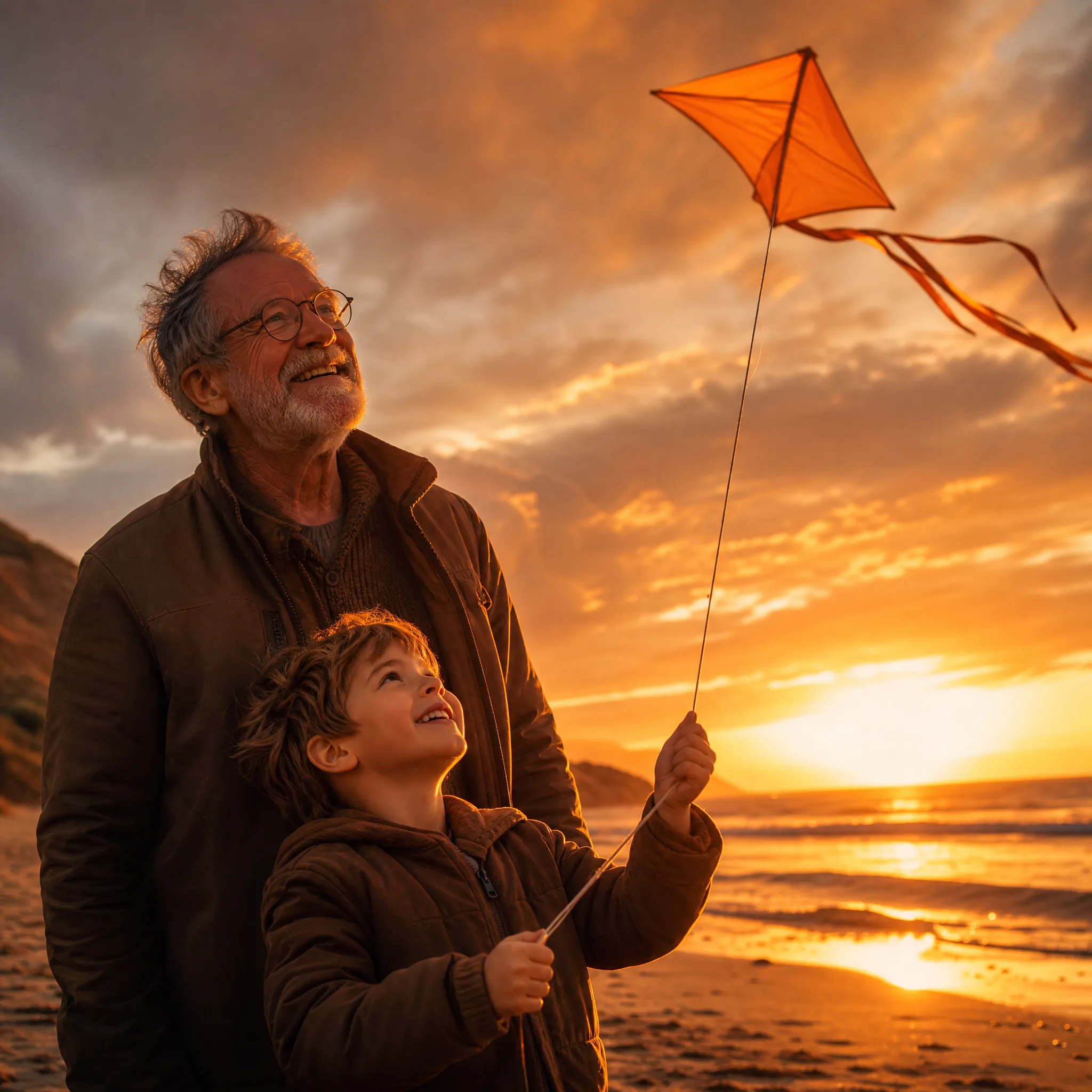 Grandfather and grandson flying an orange kite on a windy beach at sunset