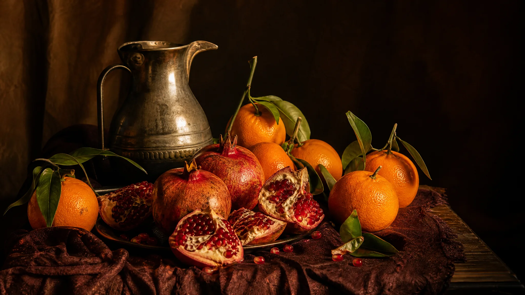 Qwen Image 2.1: A New Palette and Style Oranges, split pomegranates and a pewter jug lit like an old master still-life painting