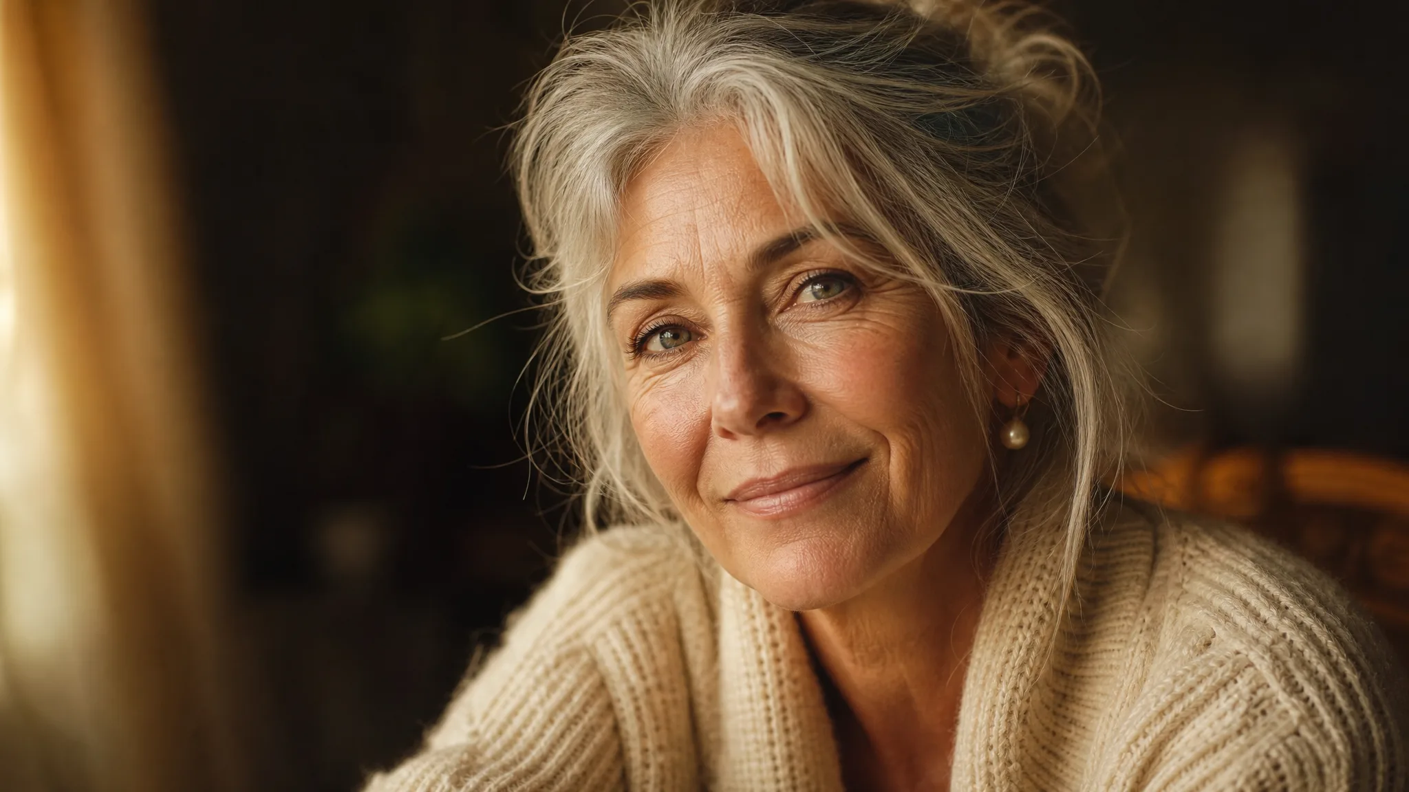 Qwen Image 2.1: Details Worth Checking Close portrait of a silver-haired woman with a pearl earring and finely detailed knit cardigan
