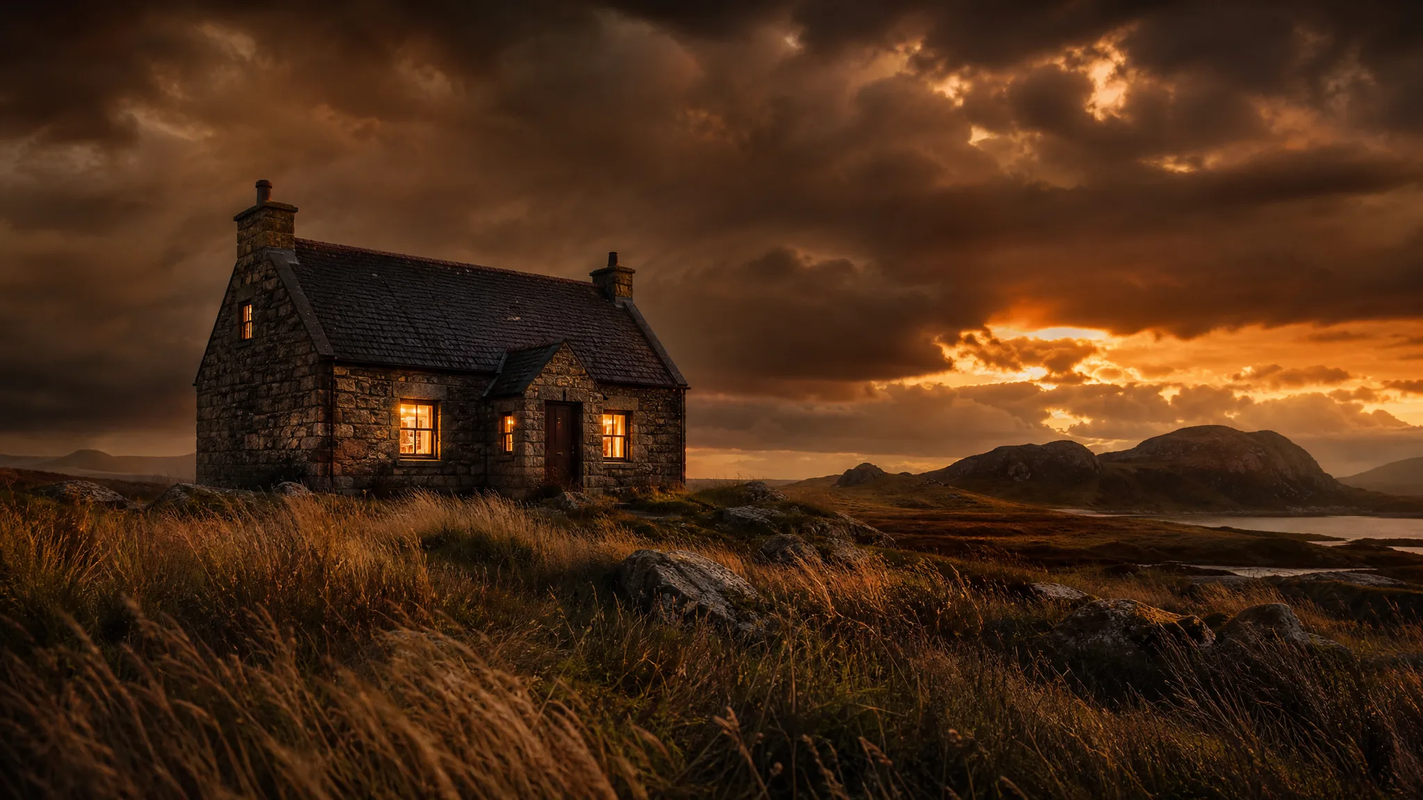 Qwen Image 2.1: A New Atmosphere Stone cottage with glowing windows in a windswept meadow under a stormy amber sky