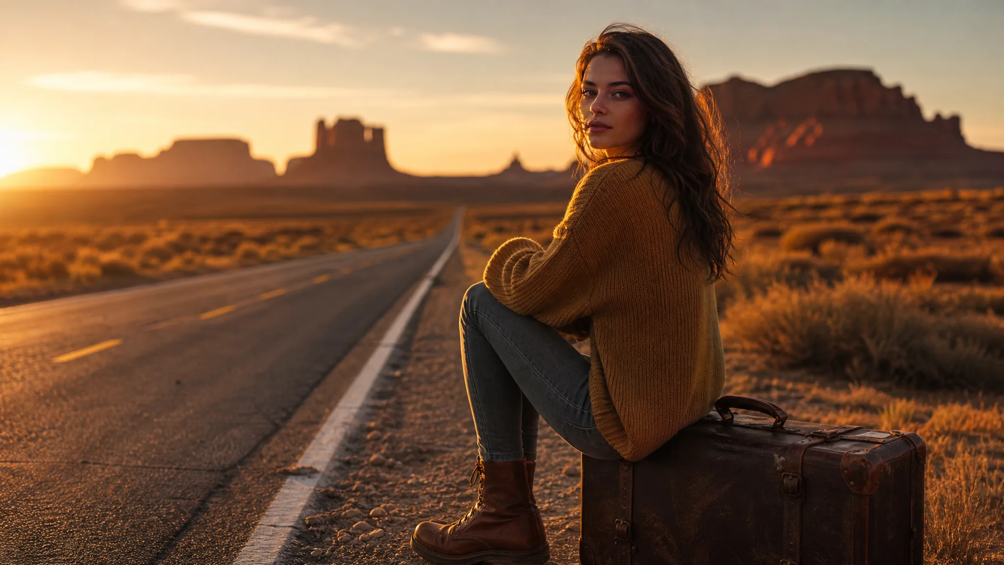Qwen Image 2.1: A Subject in a New Setting Young woman in a mustard sweater sitting on a vintage suitcase beside an empty desert road