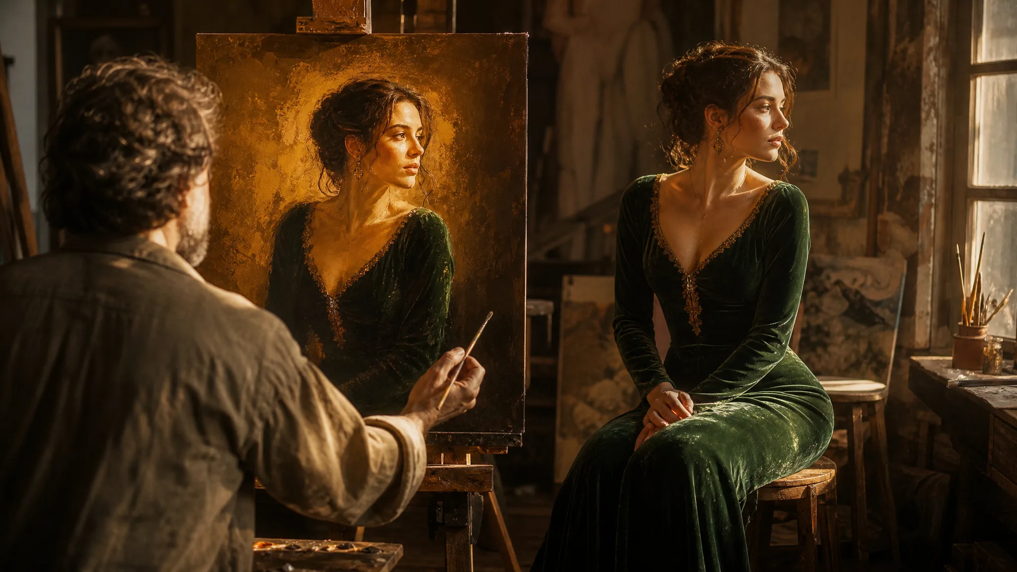 Portrait painter reinterpreting a seated woman in a green dress on a golden-toned canvas