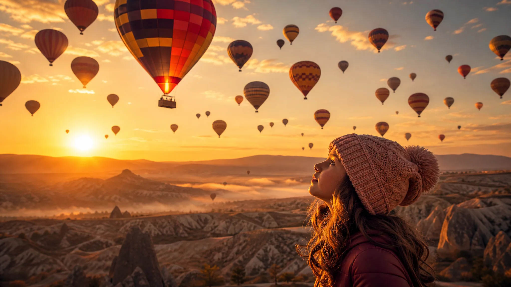 A girl in a knitted hat looks up in wonder as dozens of colourful hot-air balloons rise over a misty valley at dawn