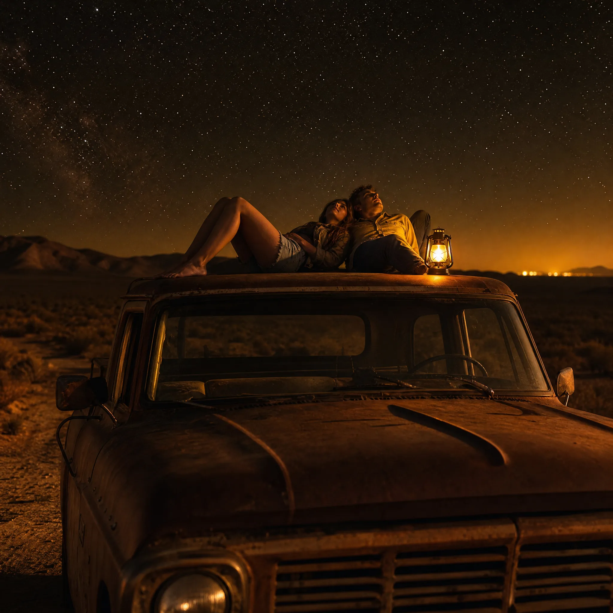Young couple lying on a pickup roof under a starry desert sky beside a warm lantern