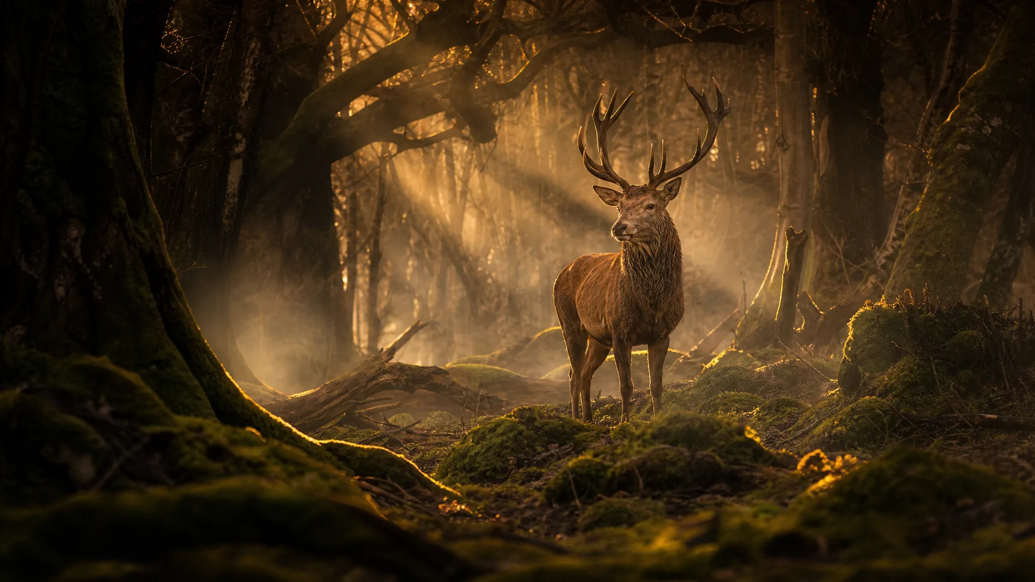Red deer stag in a foggy forest under shafts of golden light