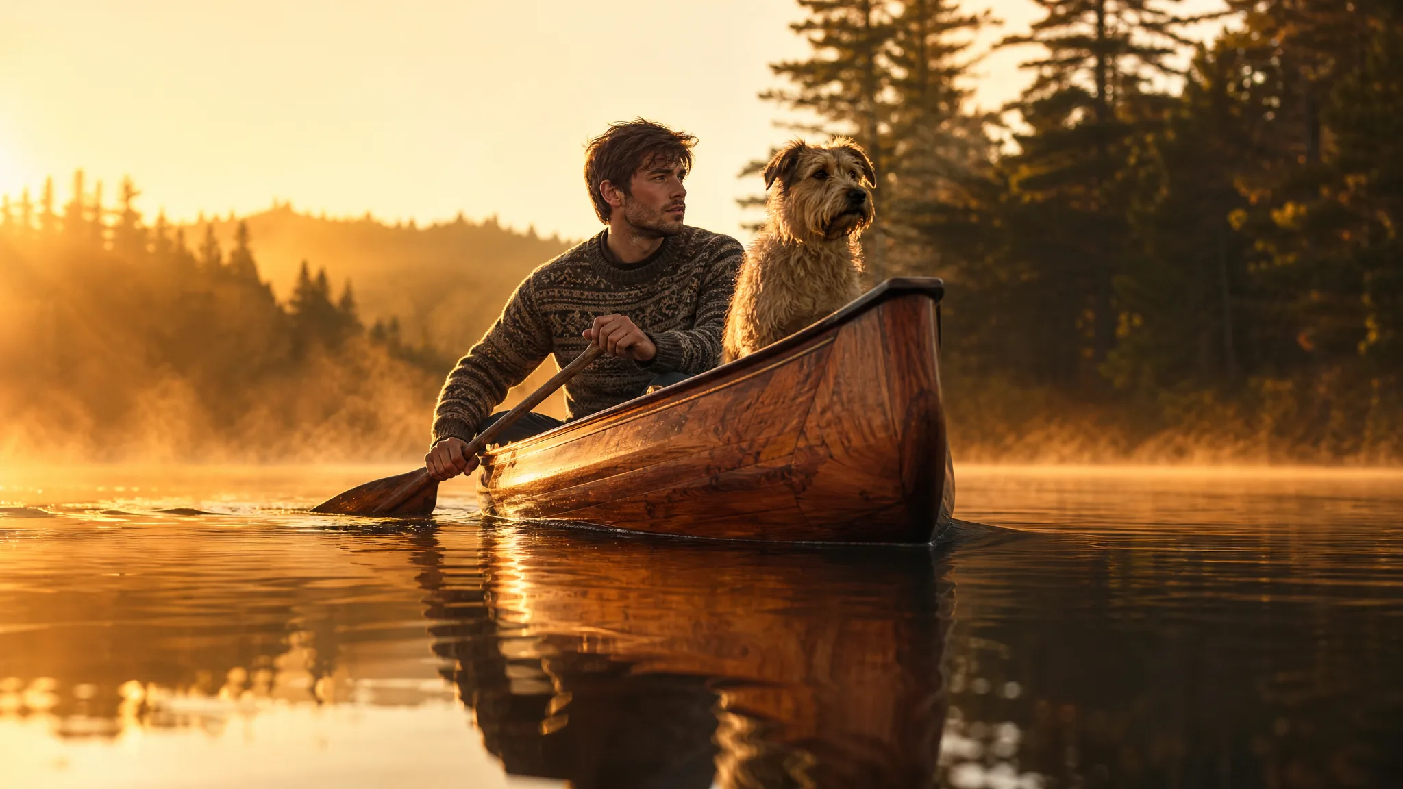 Young man paddling a wooden canoe with his terrier on a misty lake at dawn, seen from water level