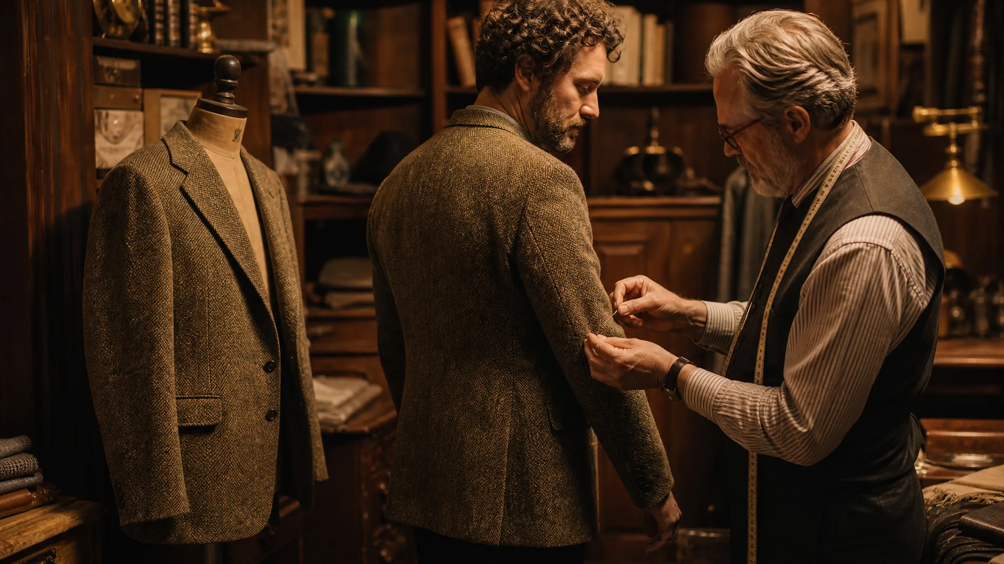 Tailor pinning a tweed jacket on a client beside an older reference jacket on a dress form