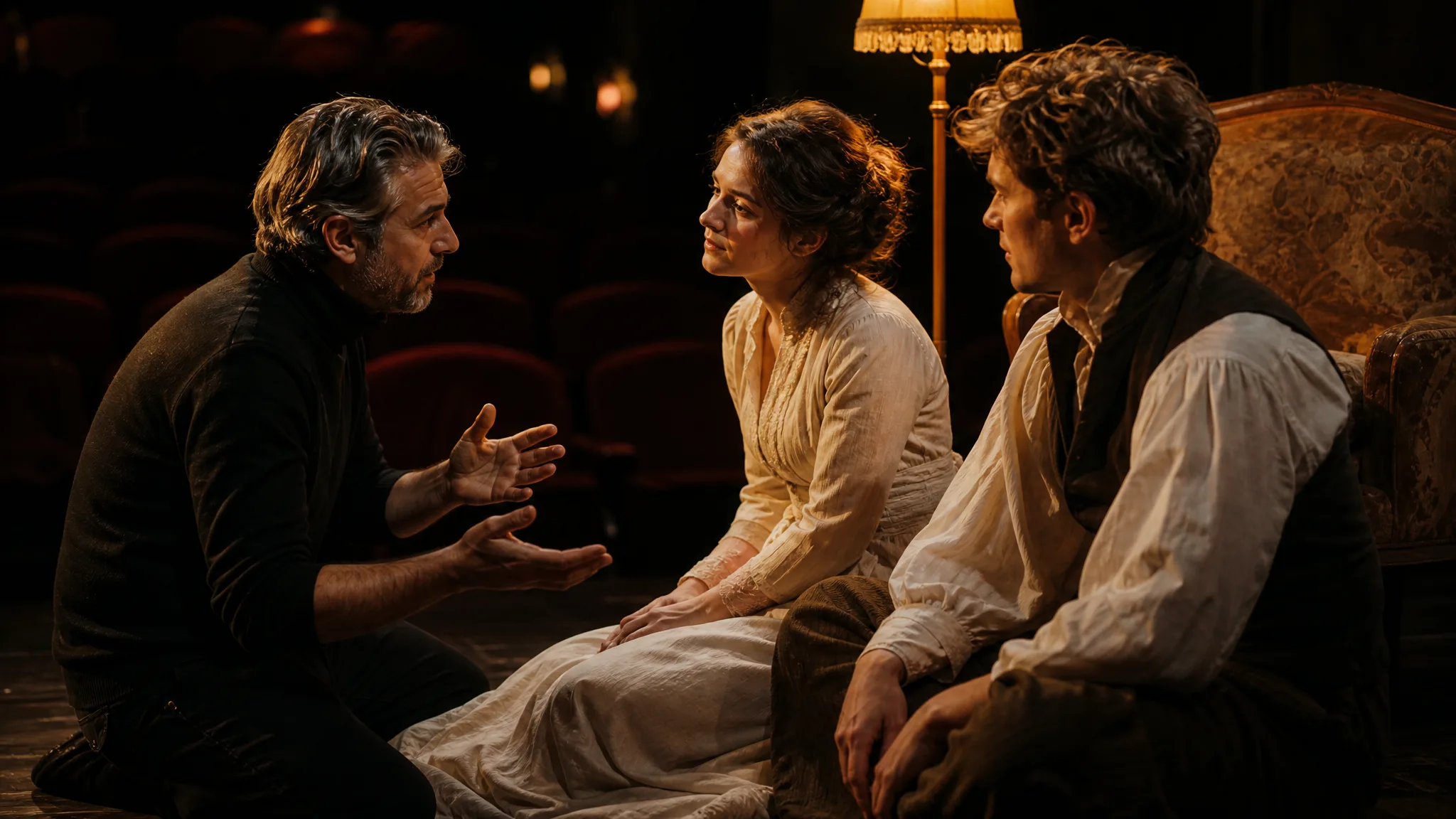 Theatre director guiding two costumed actors on a lamp-lit stage