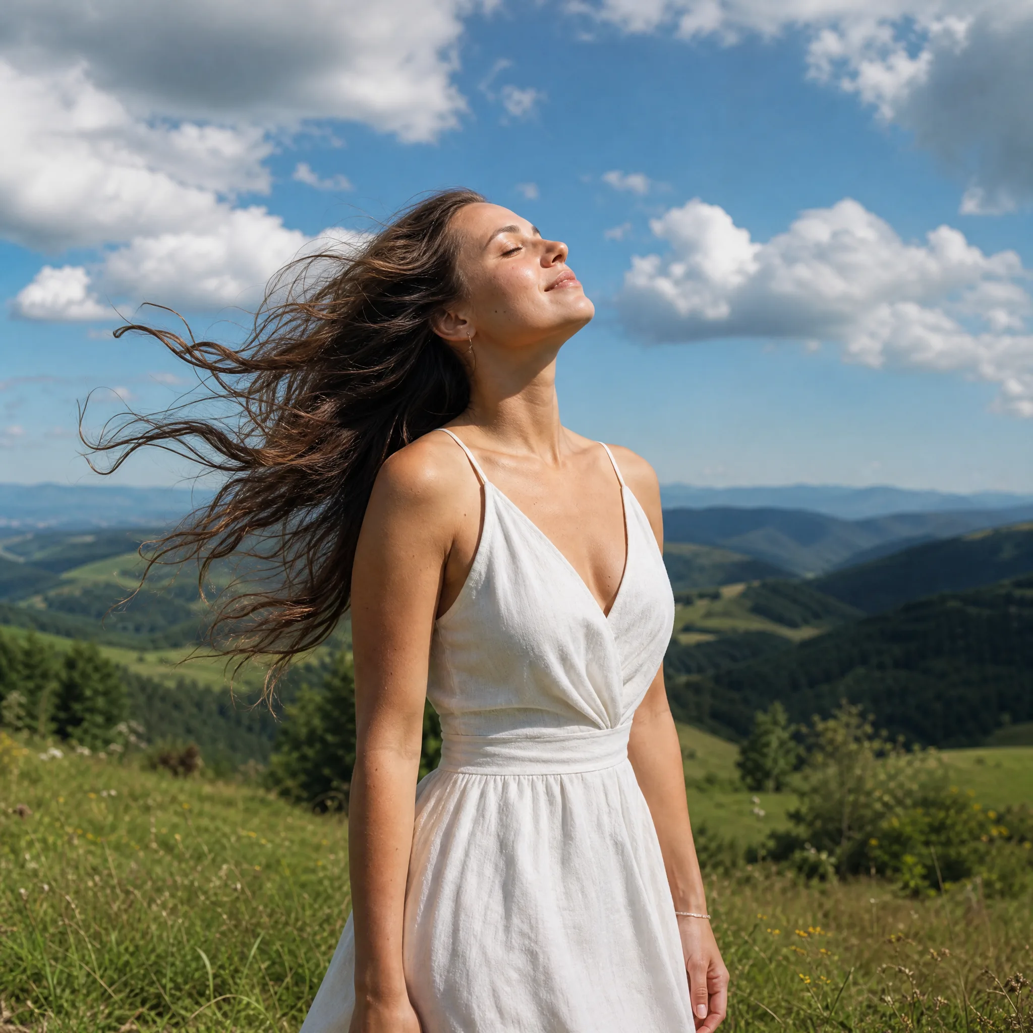 A young white European woman in a white linen dress stands on a grassy hilltop on a bright breezy day with her eyes