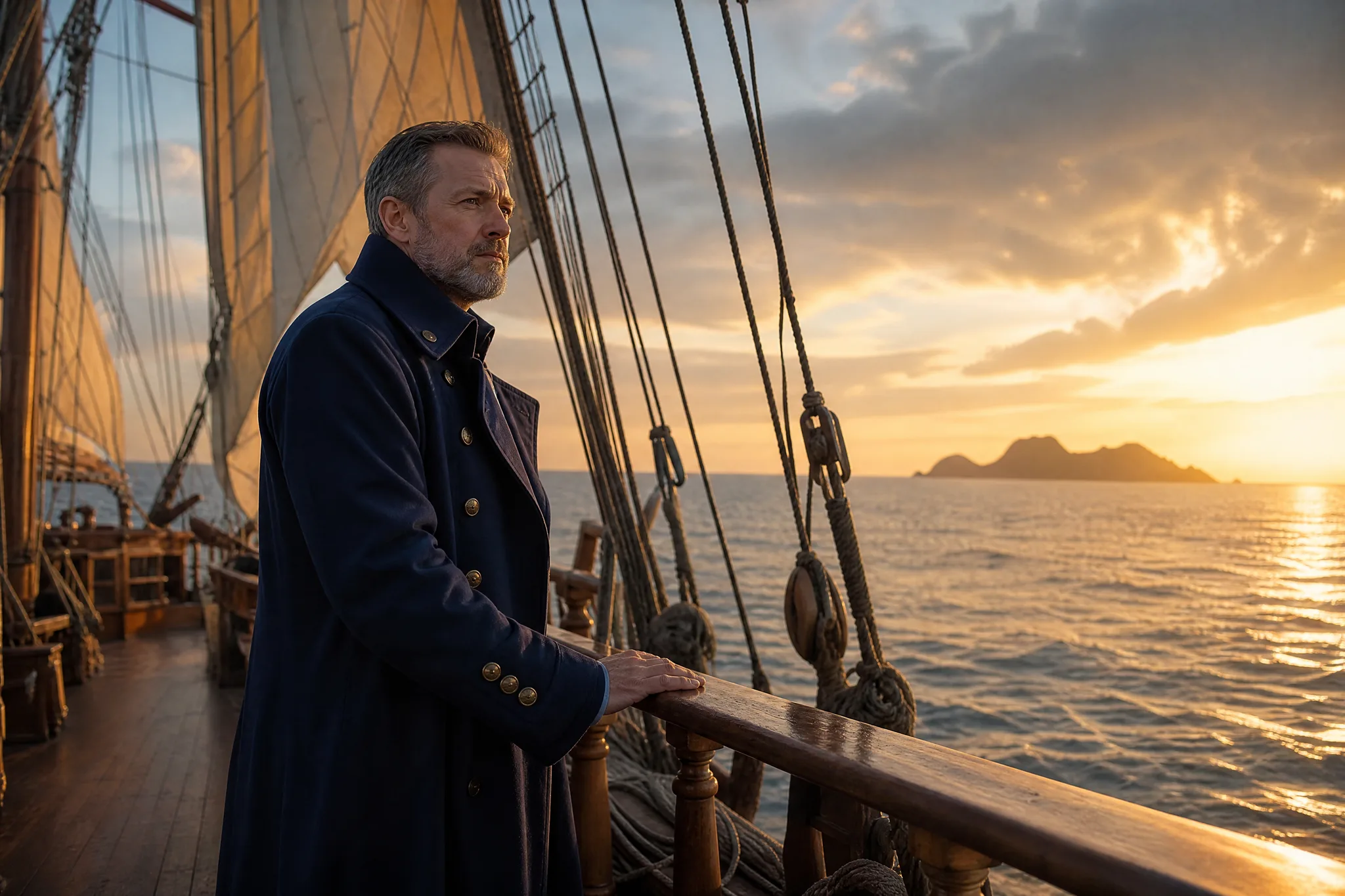 Bearded captain in a long dark-blue coat at the rail of a sailing ship, gazing toward a distant island at sunset