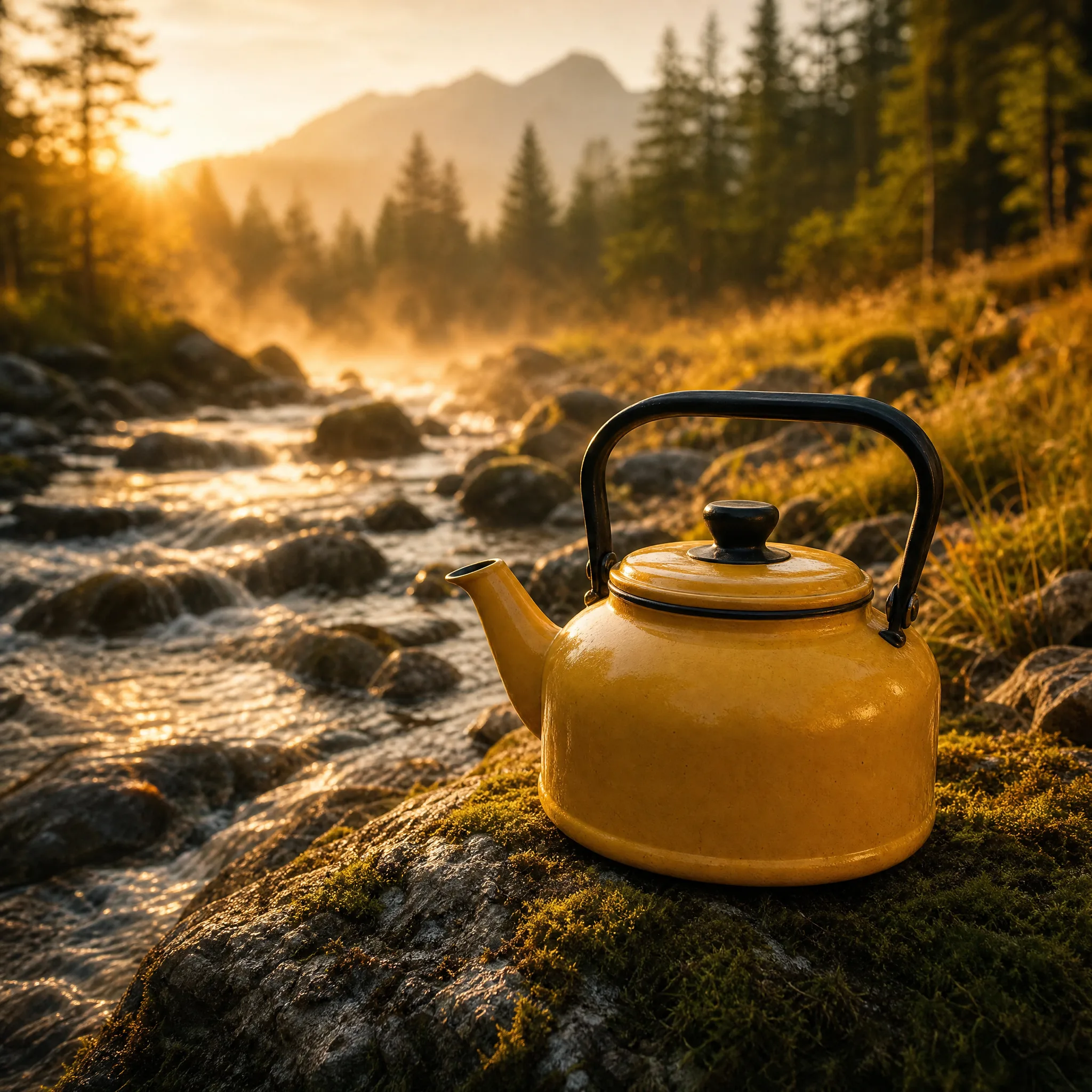 Yellow enamel kettle on a mossy bank beside a sunlit mountain creek
