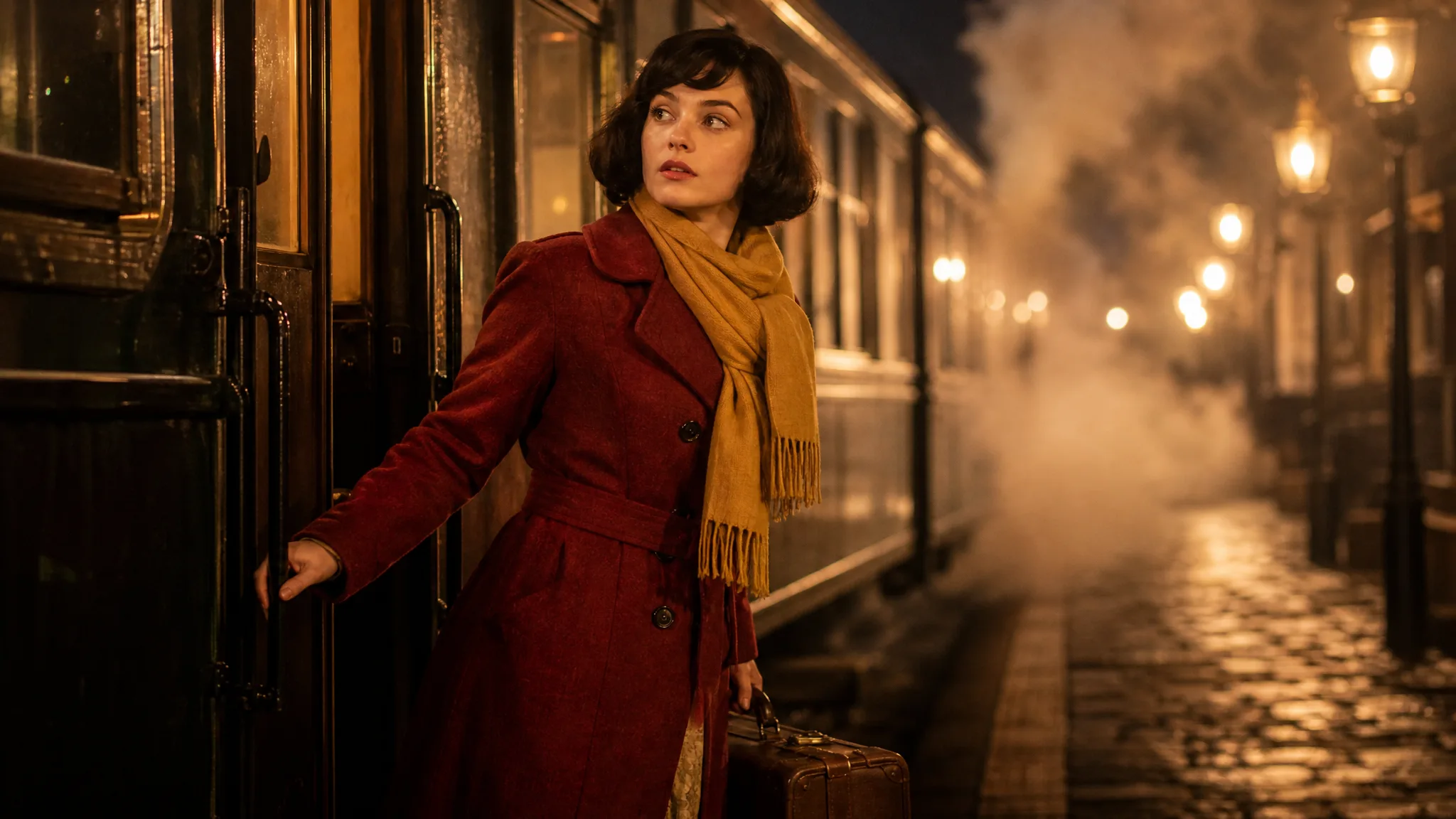 Woman with a black bob, red wool coat and mustard scarf holding a suitcase beside a train on a lantern-lit platform at night