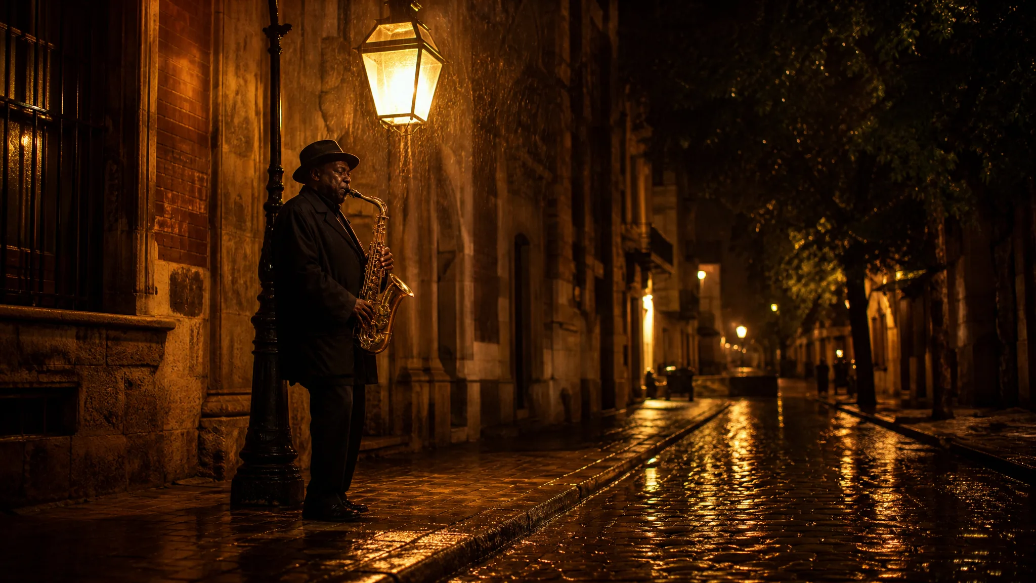 Runway Image to Video: A Saxophonist on a Wet Street Saxophonist playing under a warm street lantern on a rain-wet cobblestone street at night