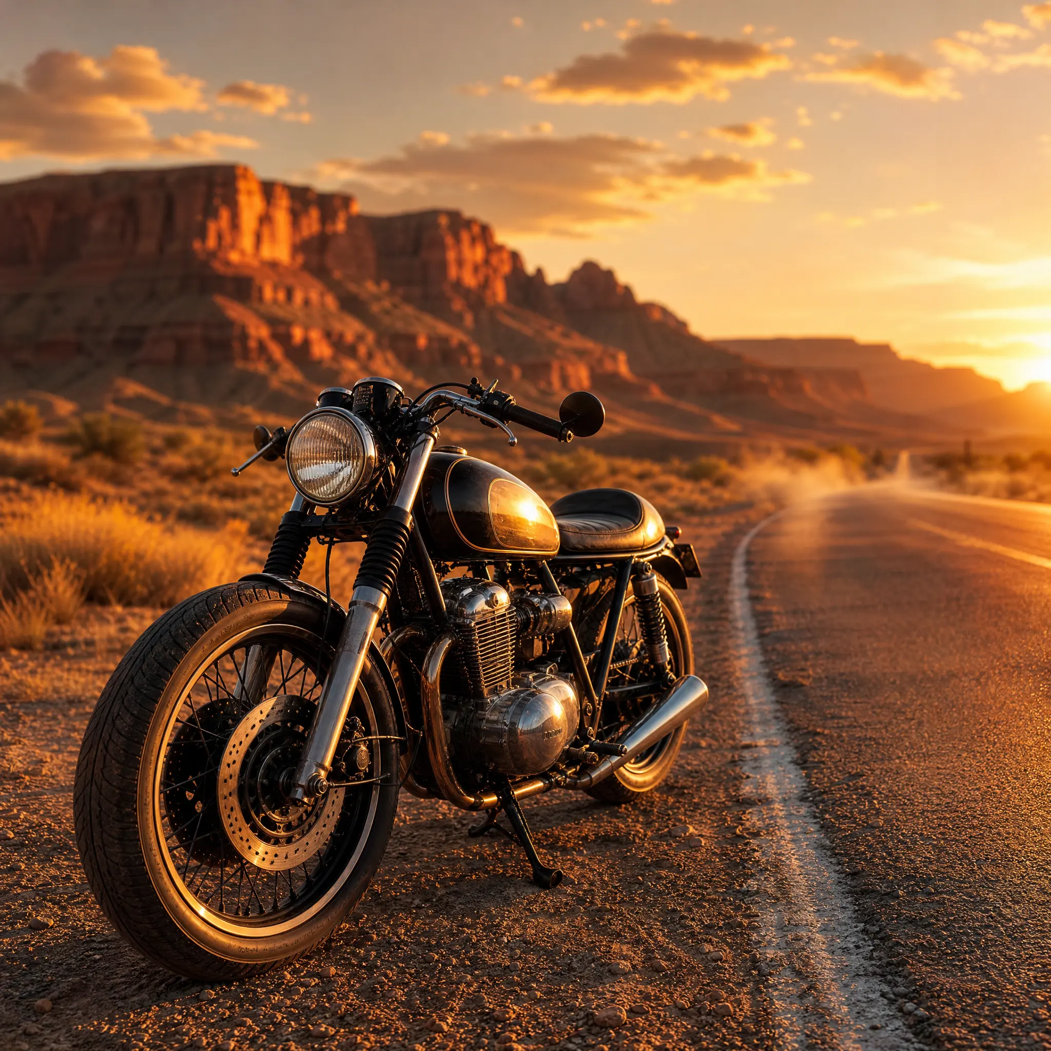 Vintage cafe-racer motorcycle parked beside an empty desert highway with red rock mesas at sunset