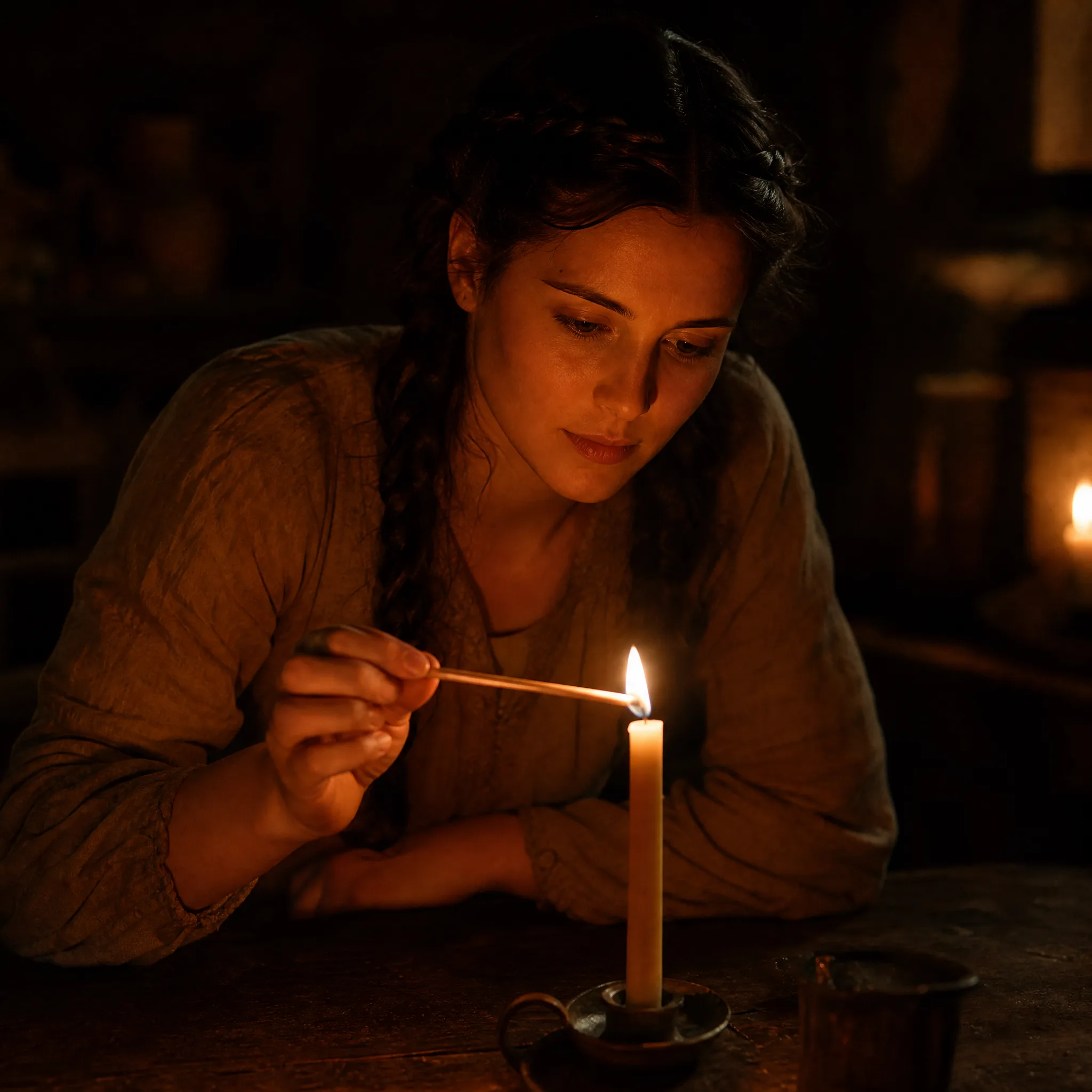 Young woman with a dark braid lighting a single candle with a long match at a dark wooden table