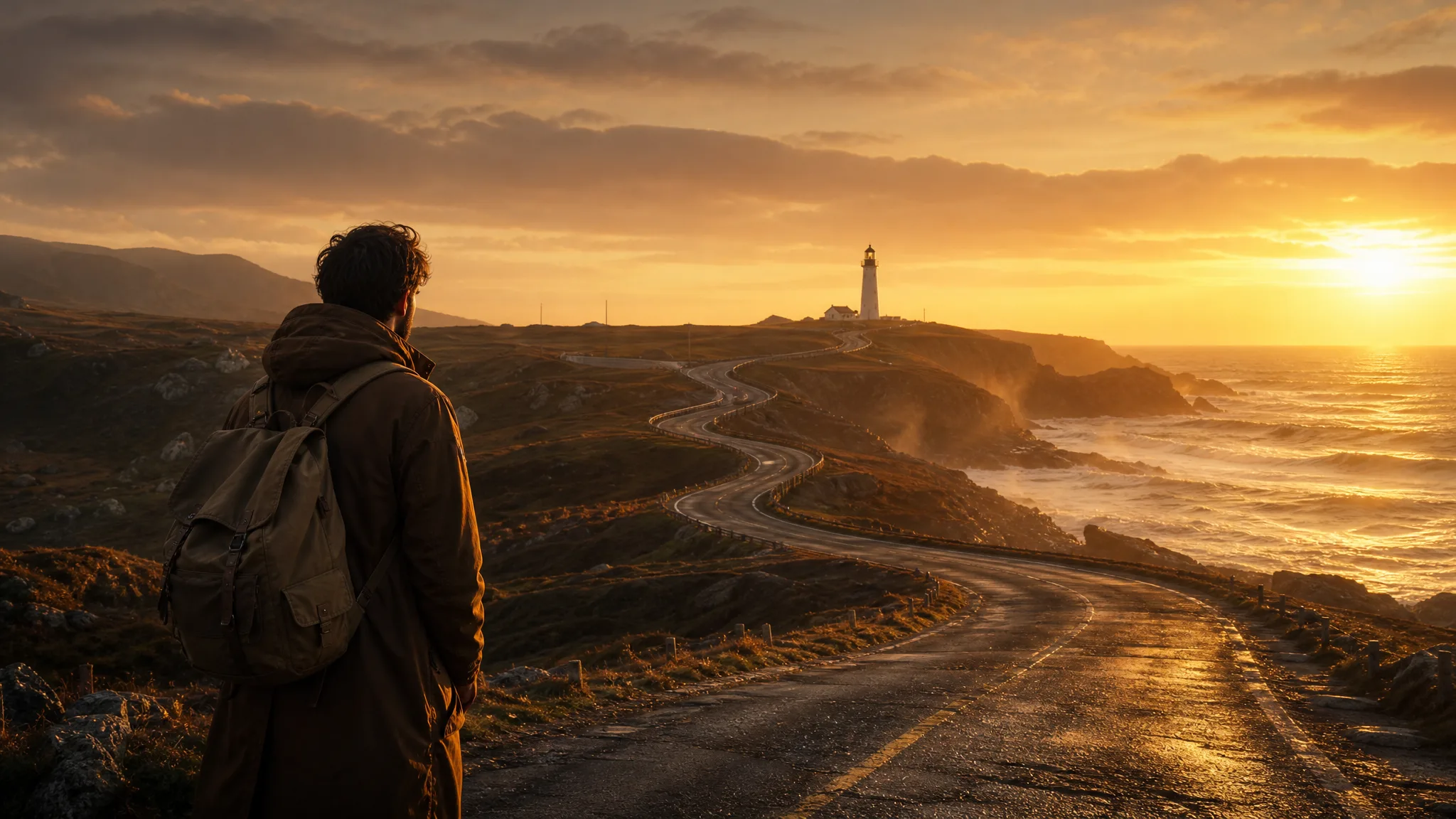 Seedance 2.5: From an Opening View to a Destination Traveler with a backpack at the start of a winding coastal road leading to a distant lighthouse at dawn