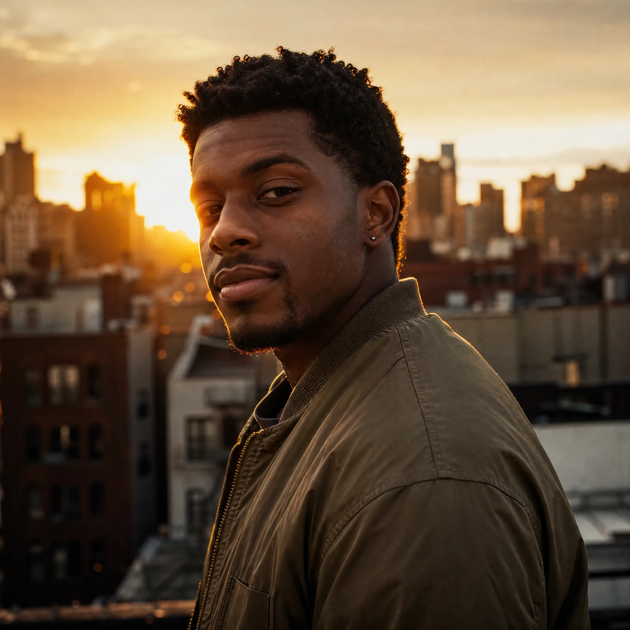 Young man in an olive bomber jacket turning toward the camera on a city rooftop at golden hour