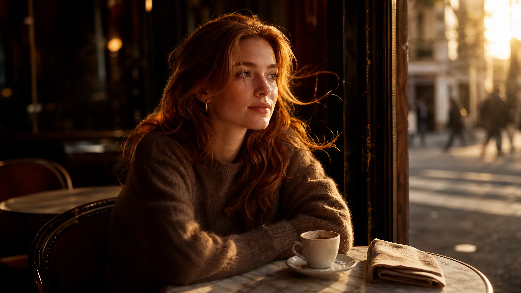 Seedance Image to Video: A Glance Toward the Light Young woman with auburn hair glancing toward warm morning light at a sunlit cafe window table