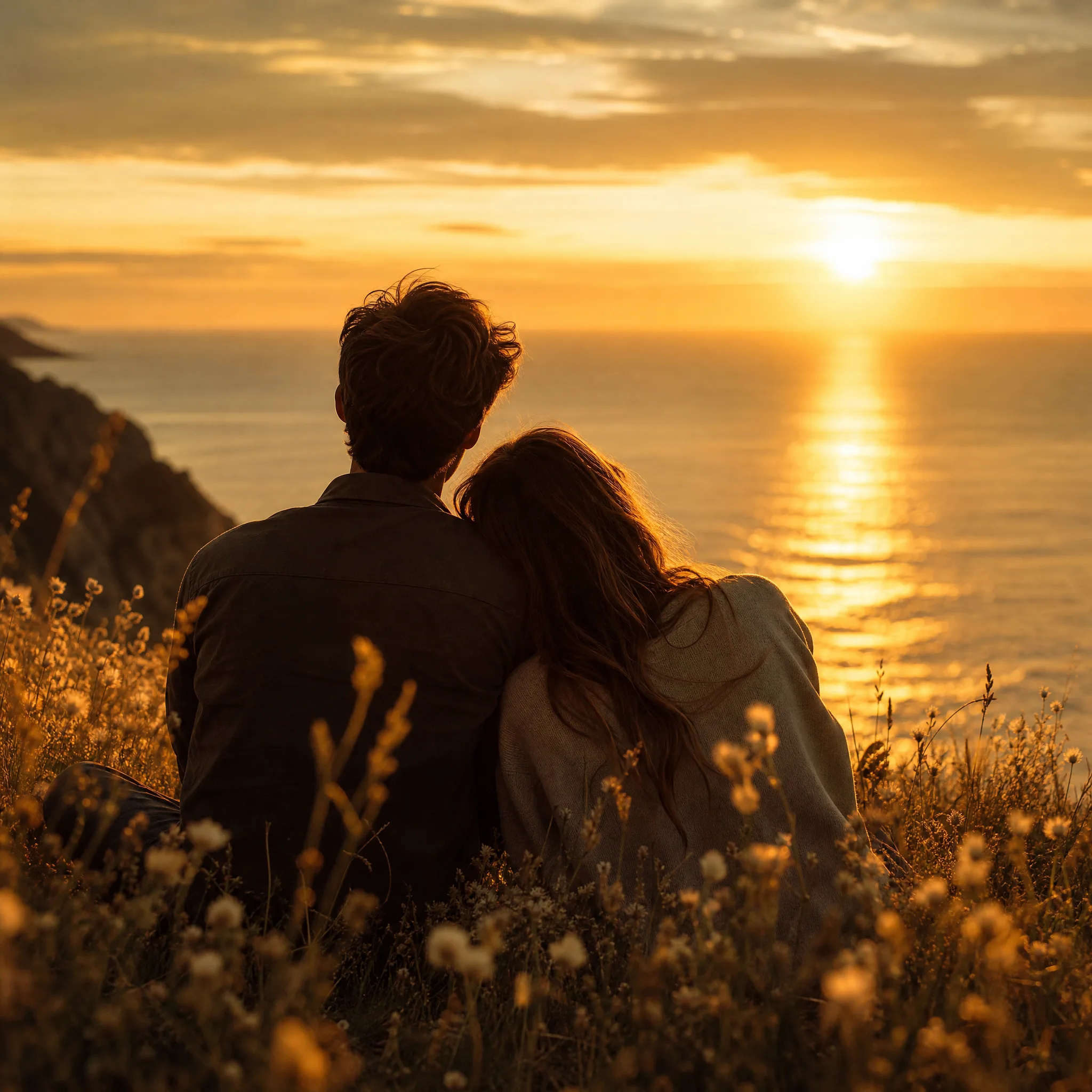 Young couple seen from behind on a grassy clifftop watching a golden sunrise over the sea