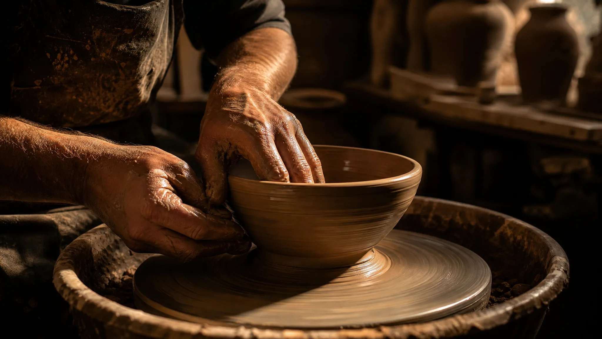 Potter's hands shaping a glossy wet clay bowl on a wheel in a single shaft of window light