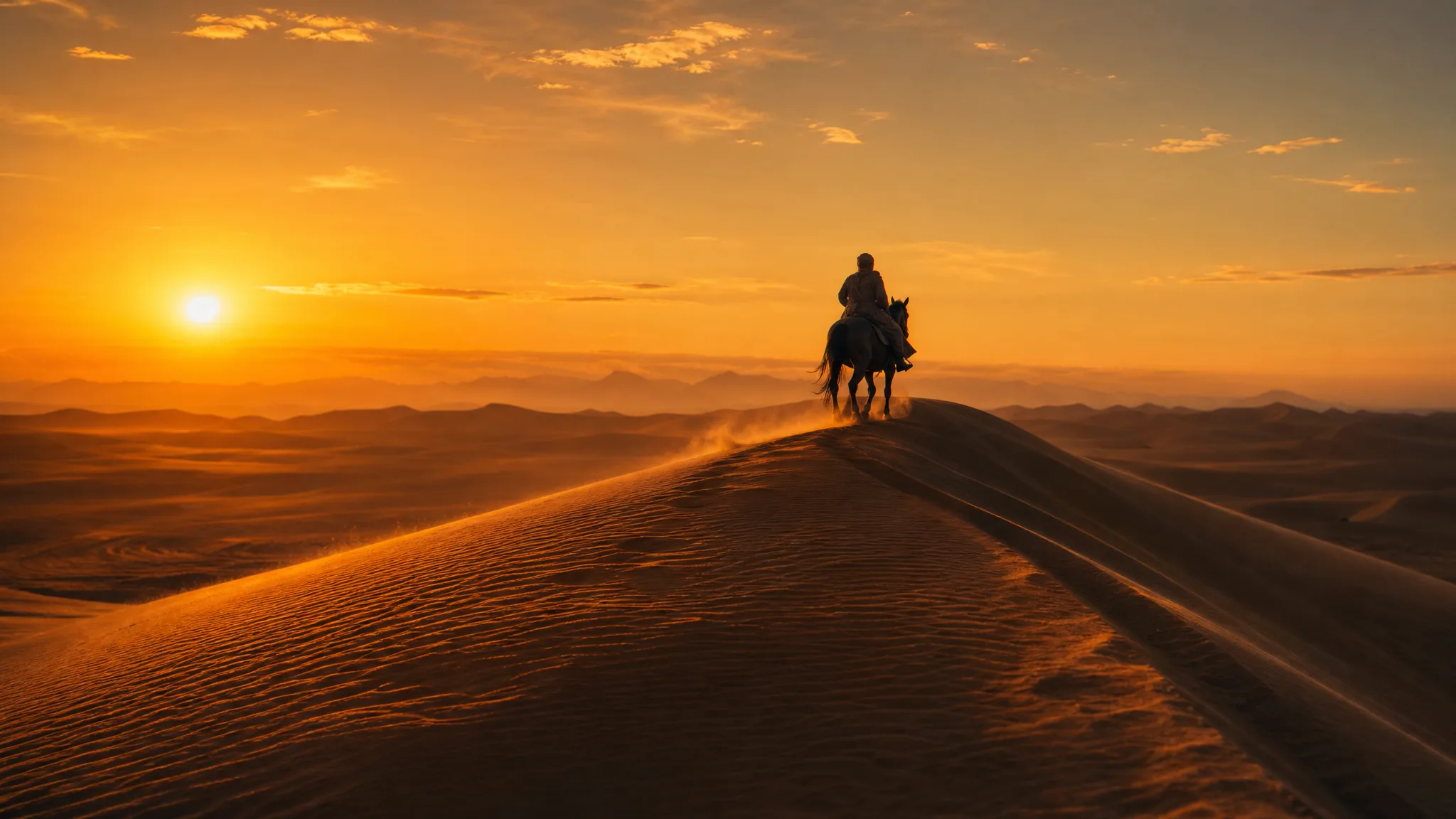Lone rider on horseback cresting a desert dune at sunset in a cinematic wide shot