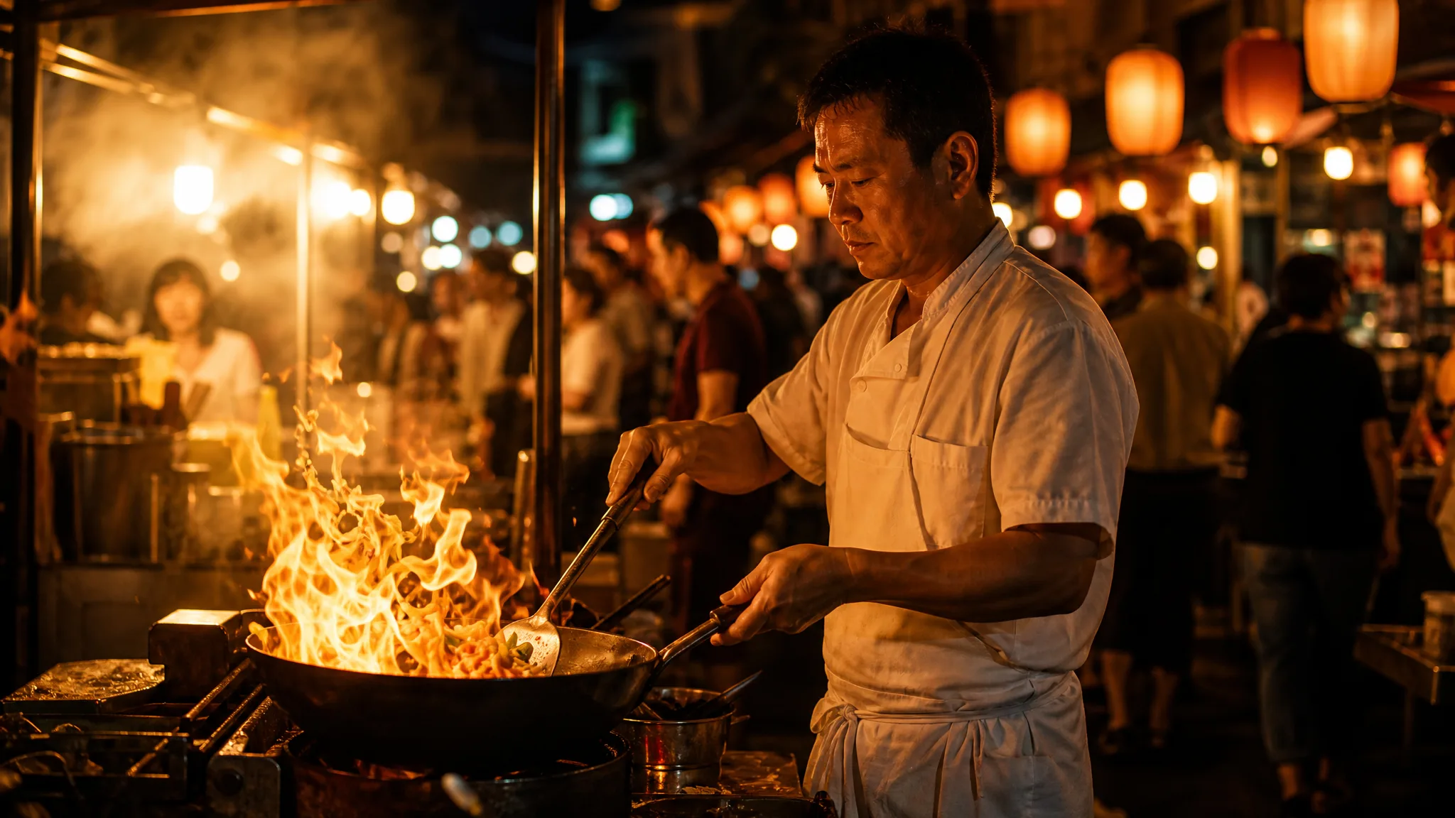 Street chef tossing vegetables in a flaming wok at a busy night market, shoppers and lanterns blurred behind