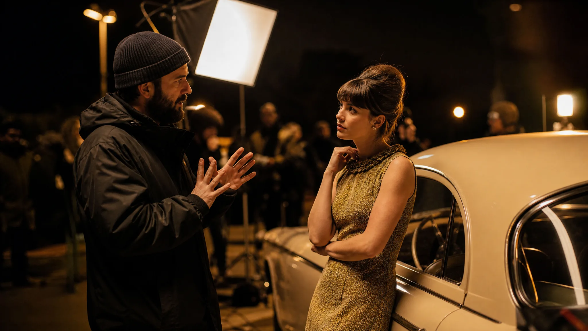 Film director discussing a scene with an actress beside a vintage car on a warmly lit night set