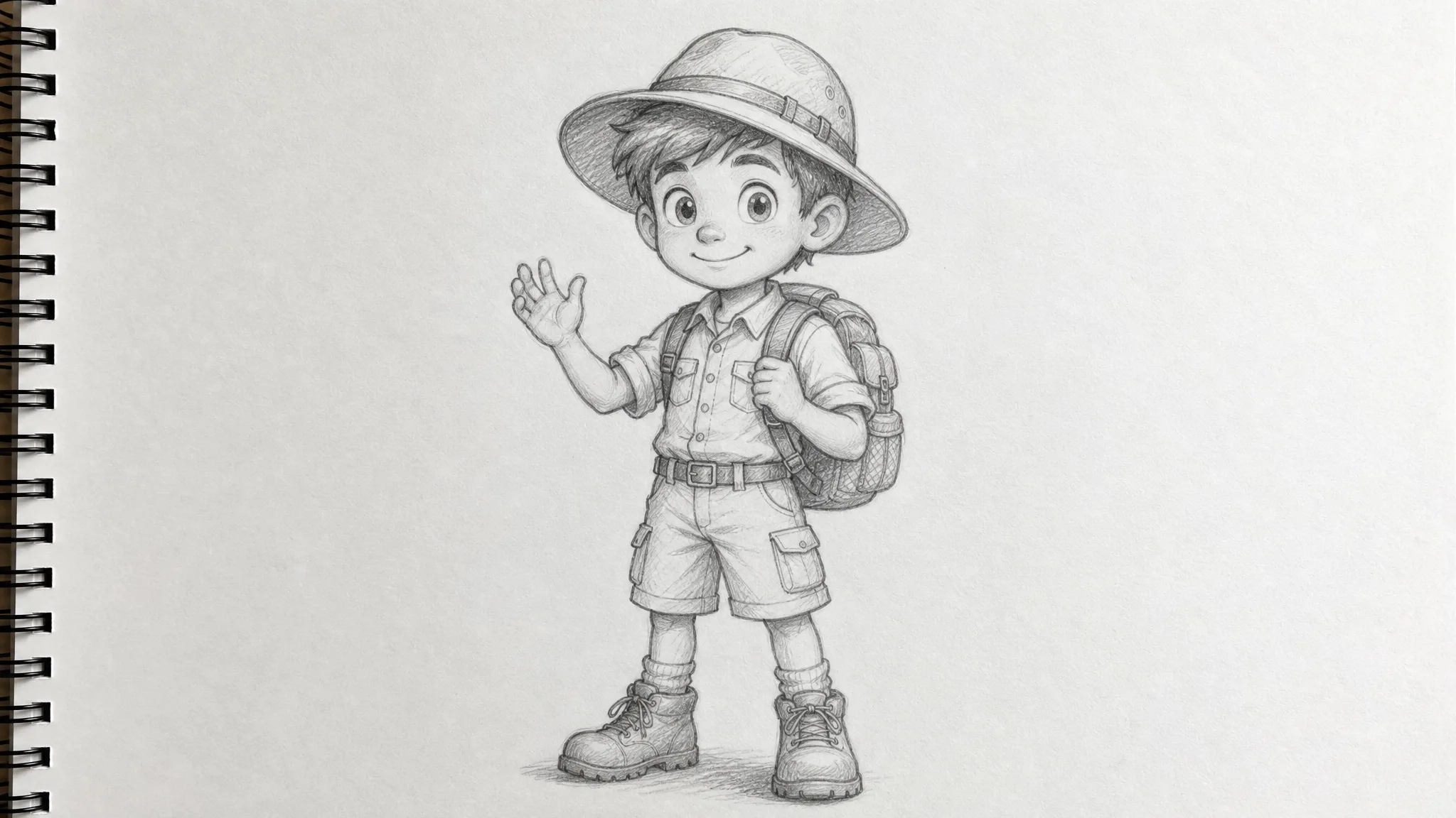 Pencil sketch of a smiling boy explorer in a sun hat and backpack waving from a spiral sketchbook page