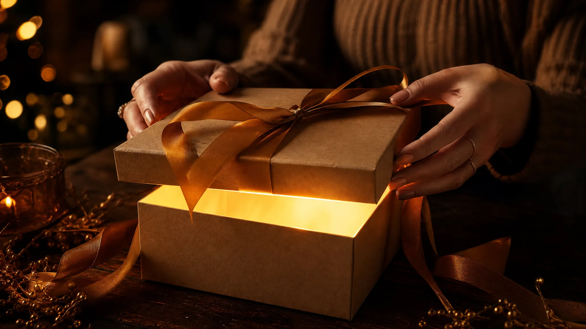 Hands lifting the lid of a kraft gift box tied with a gold ribbon as warm light glows from inside