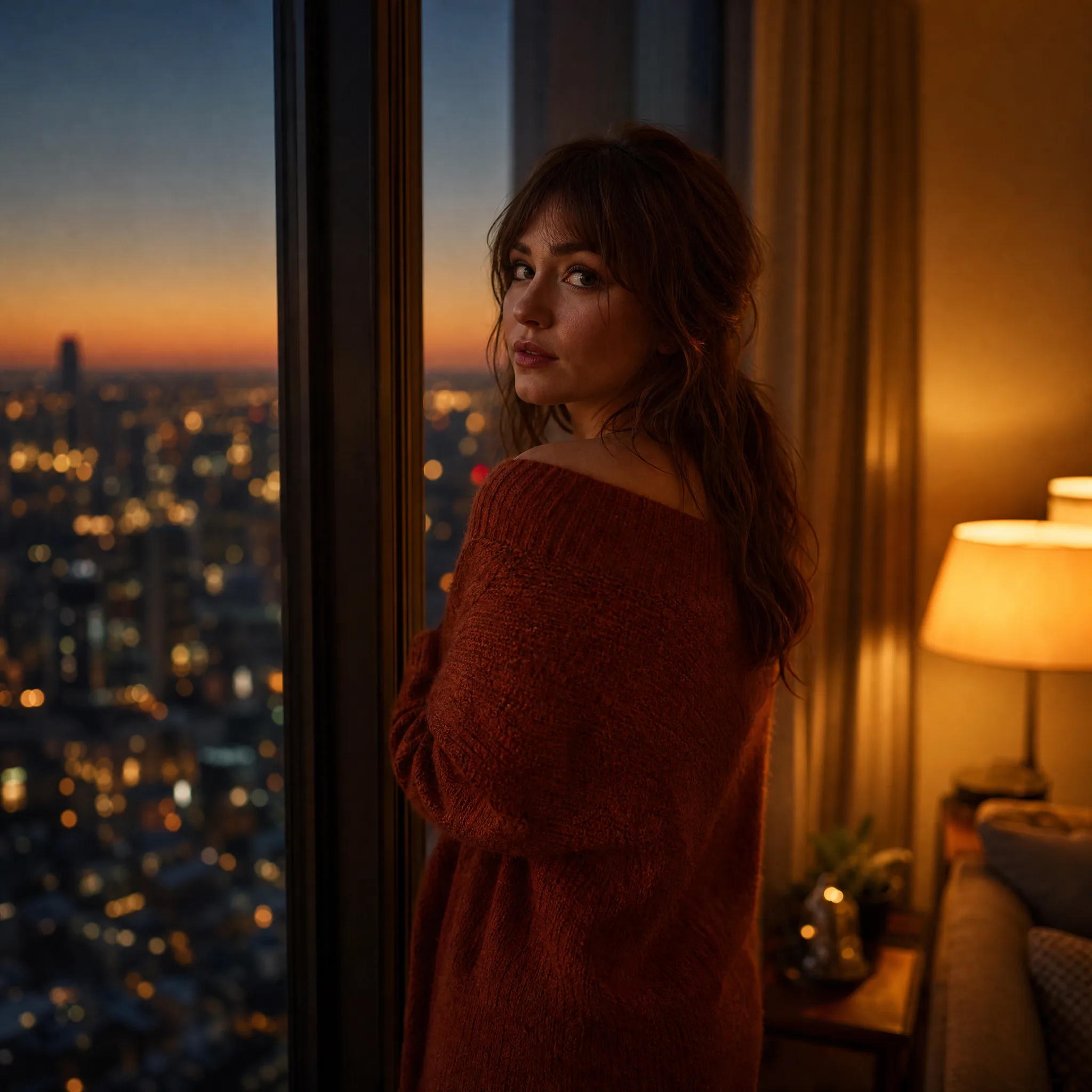 Woman in a red sweater by a high window as the city lights come on at dusk