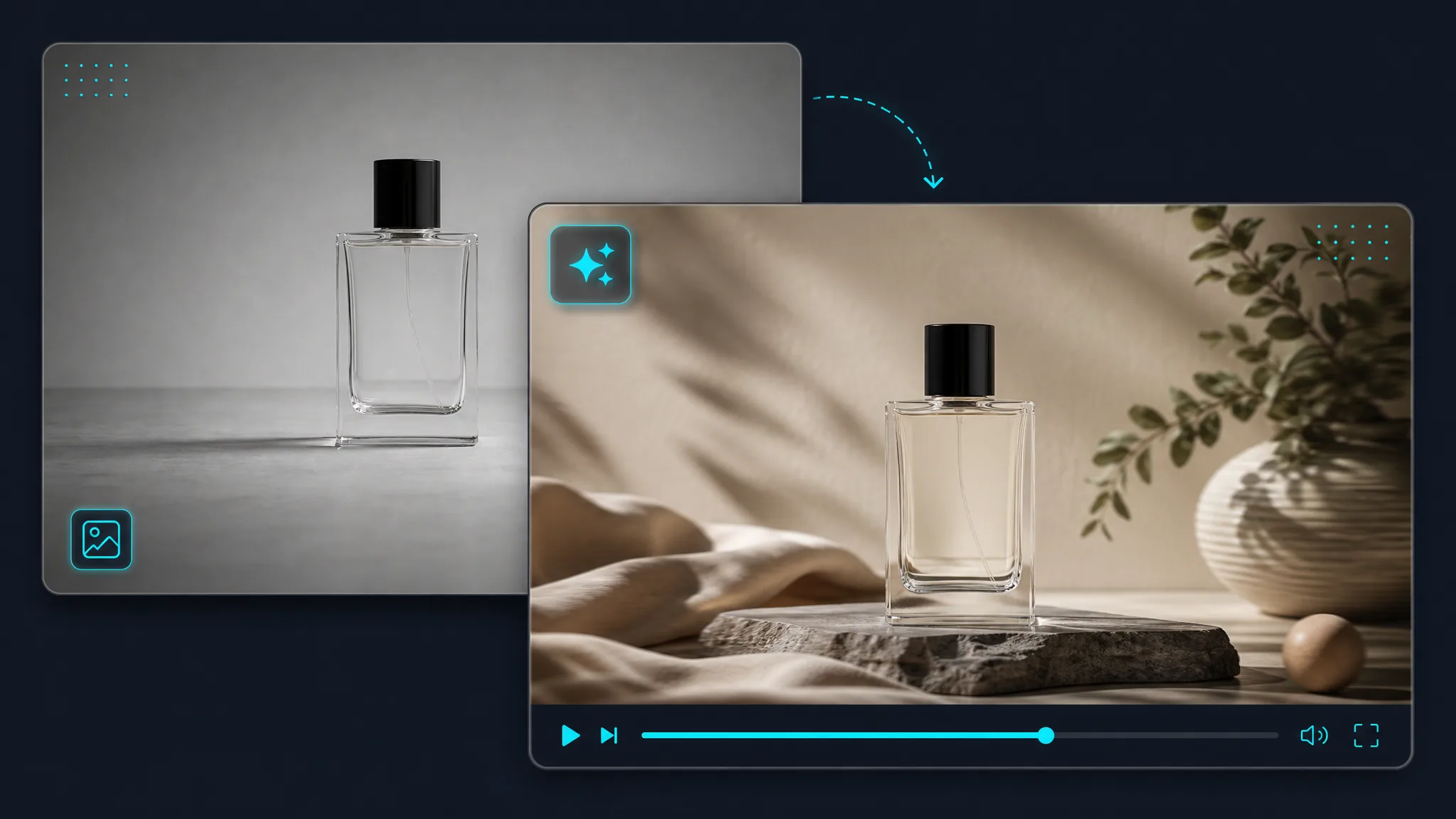 A plain product image changing into a styled product presentation