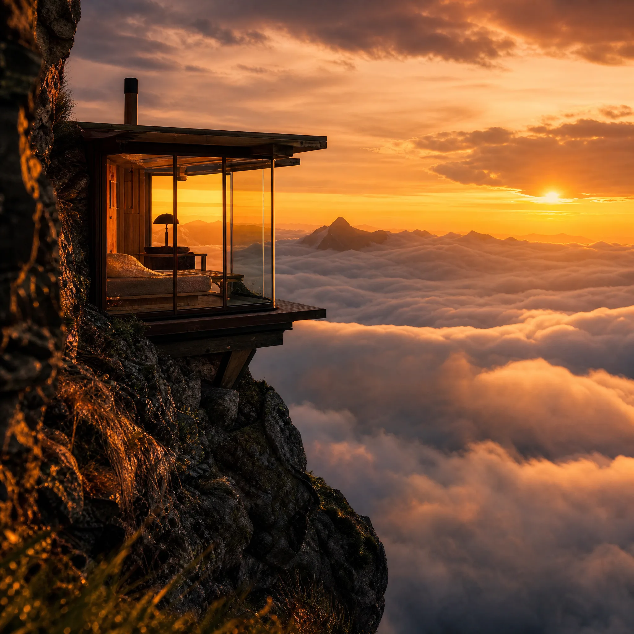 Glass-walled cabin glowing on a rocky mountain ledge above a sea of clouds at sunset
