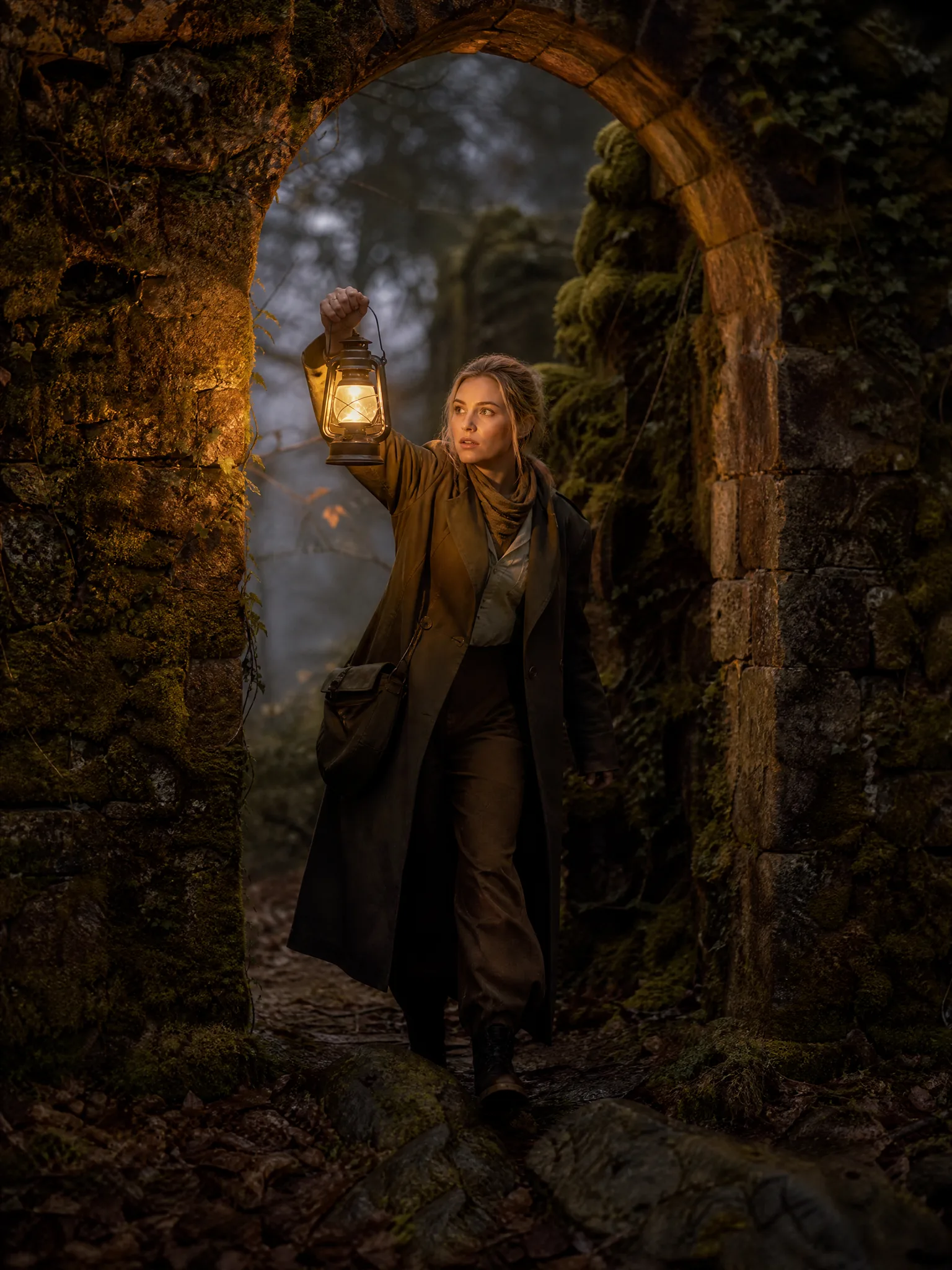 A young white European woman explorer in a long olive field coat holding up a brass lantern as she steps through the