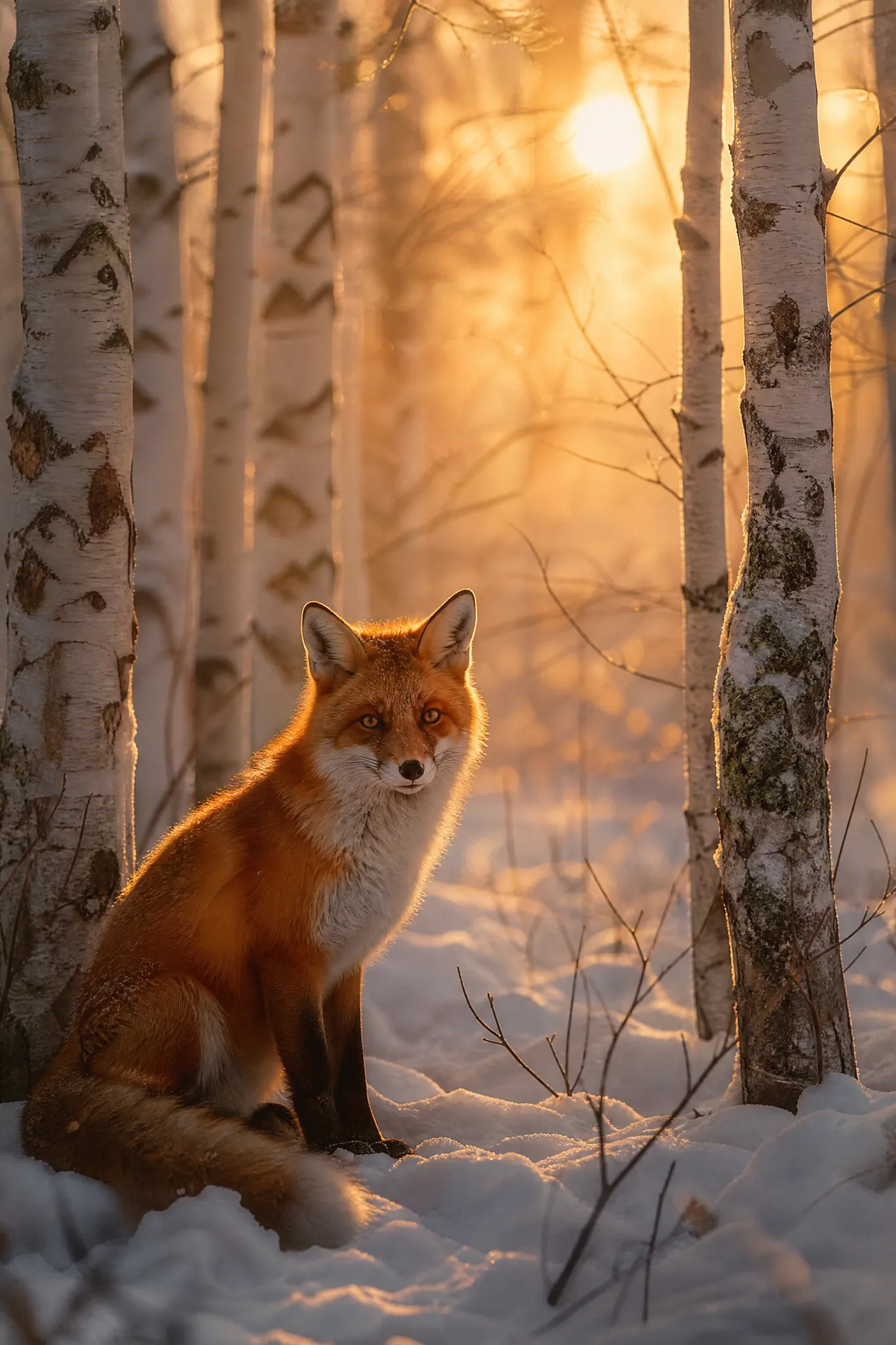 Red fox sitting in snow among white birch trees at dawn, shown in a soft dreamy photographic style