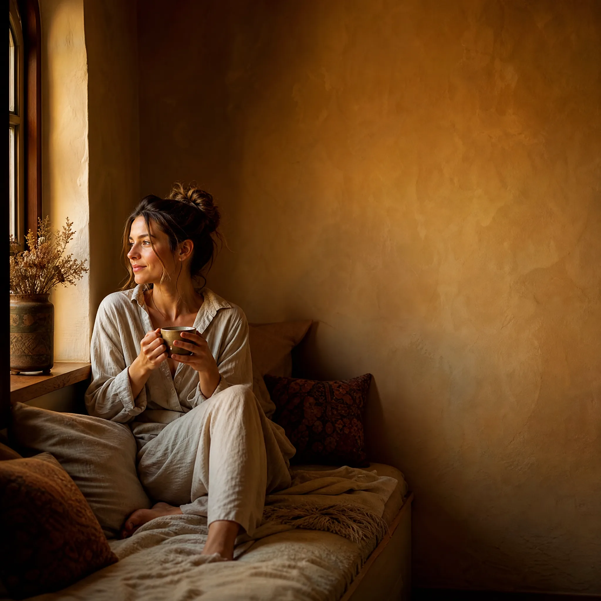 Woman with a cup of tea on a window seat at the left of a square frame, leaving calm open space on the right