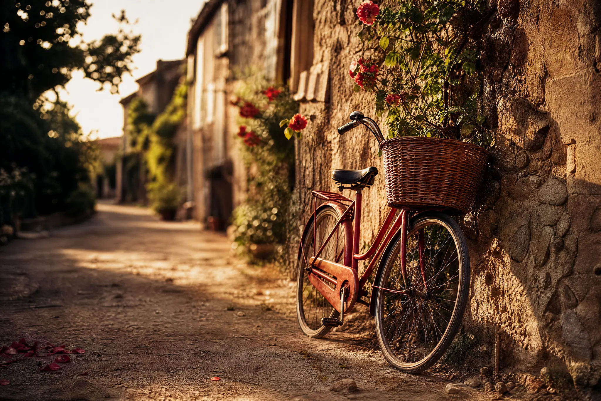 Red bicycle with a wicker basket leaning on a sunlit stone wall in a village lane, in a warm film-photo look