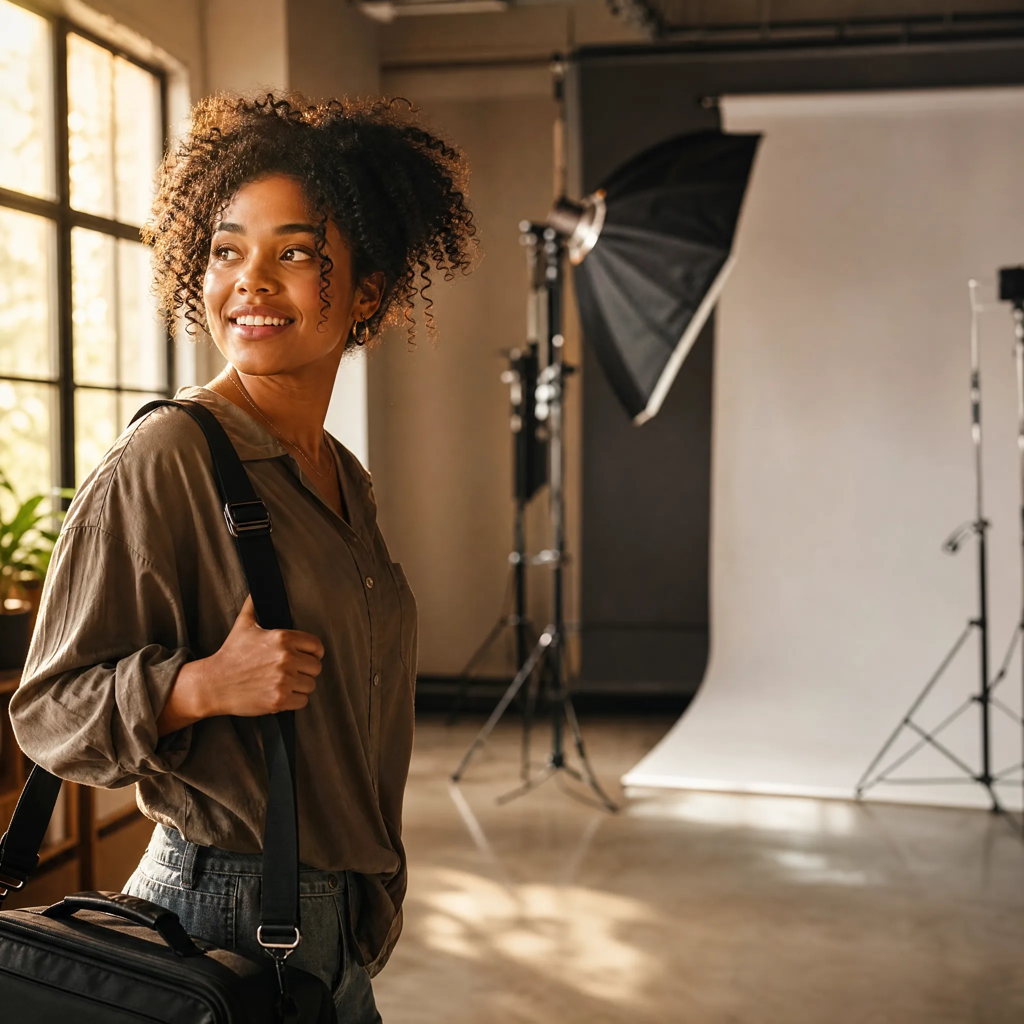 Smiling photographer with a camera bag stepping into a sunlit photo studio with softboxes and a backdrop