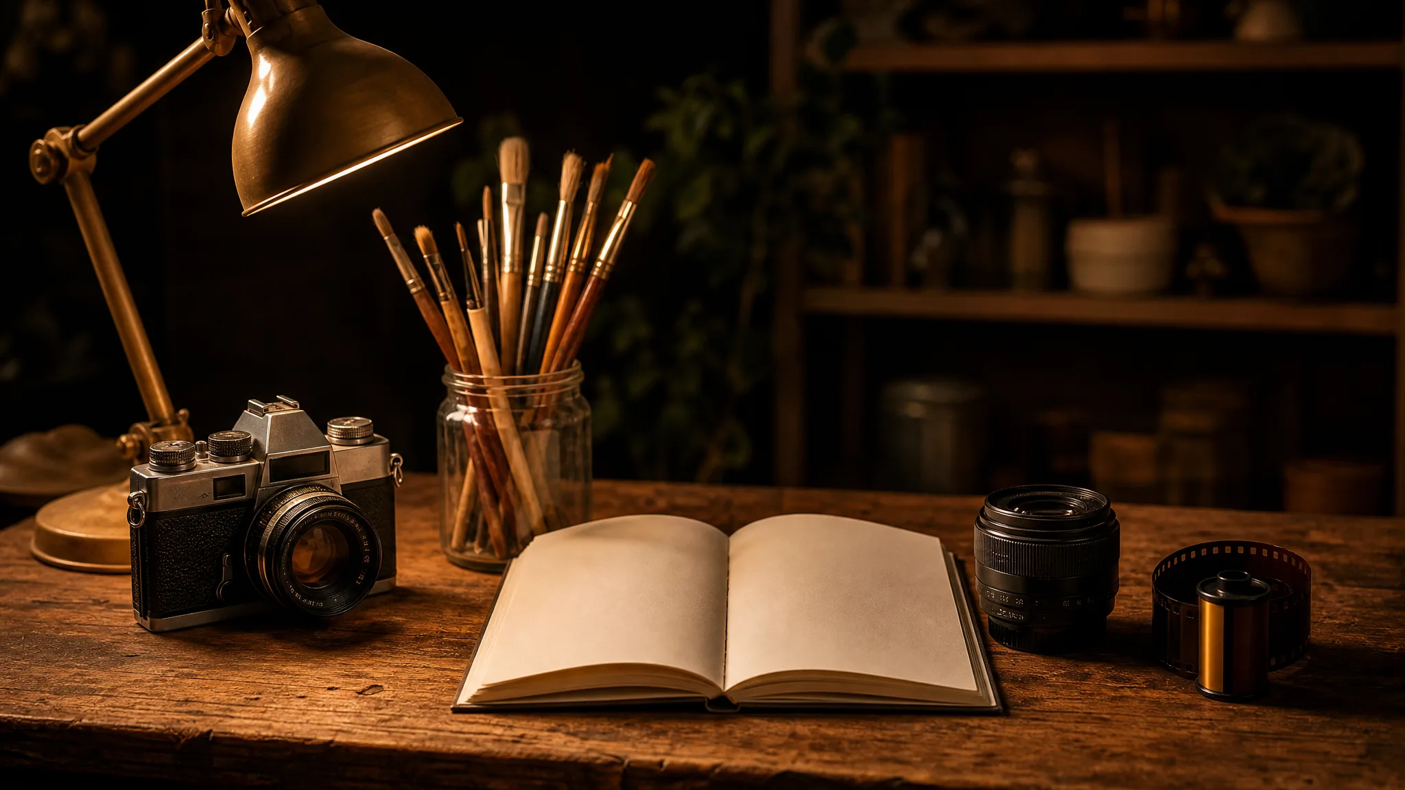 Wooden workbench with a vintage film camera, paintbrushes in a jar, a blank sketchbook, a lens and a film roll