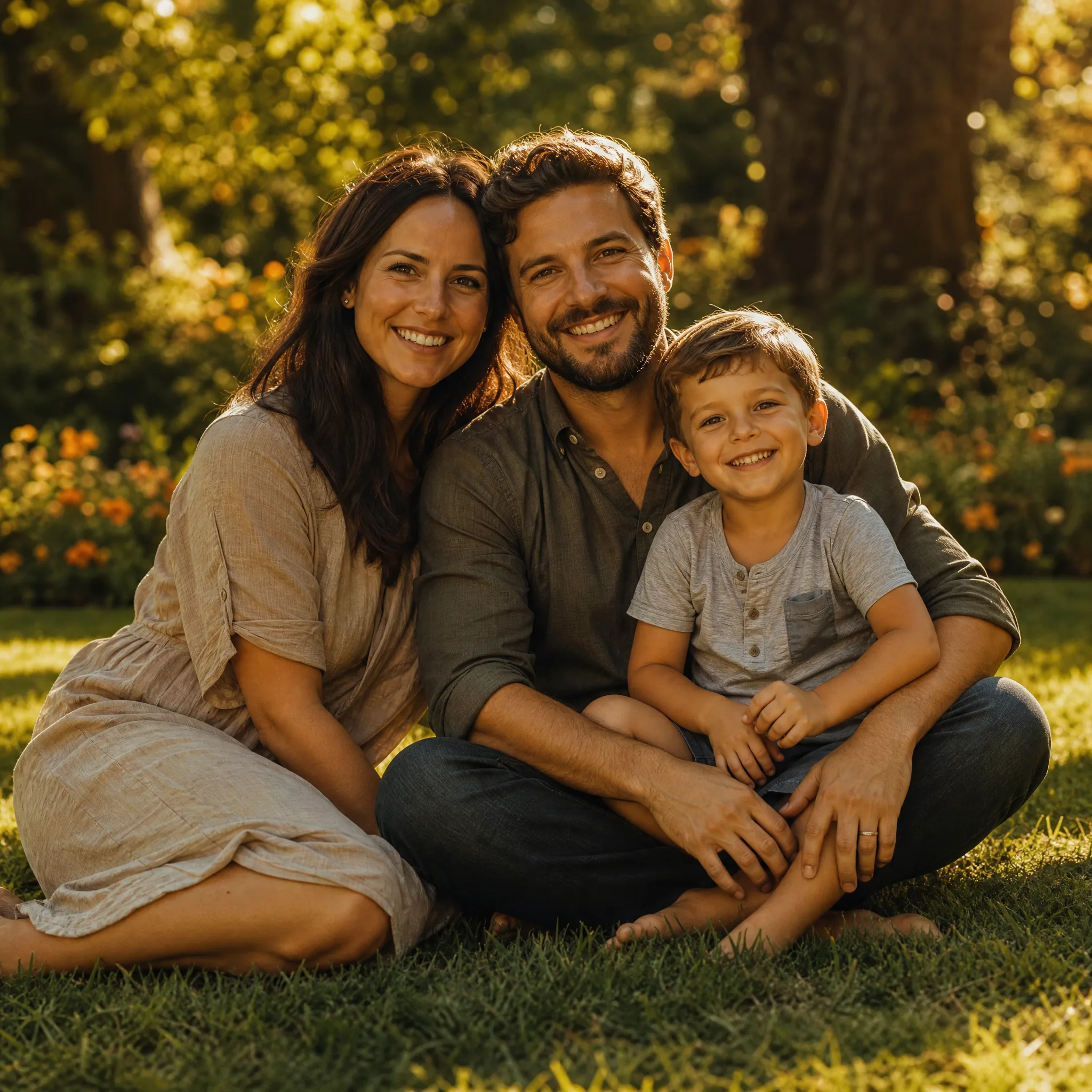 Mother, father and young son sitting on the grass in a sunlit garden and smiling at the camera