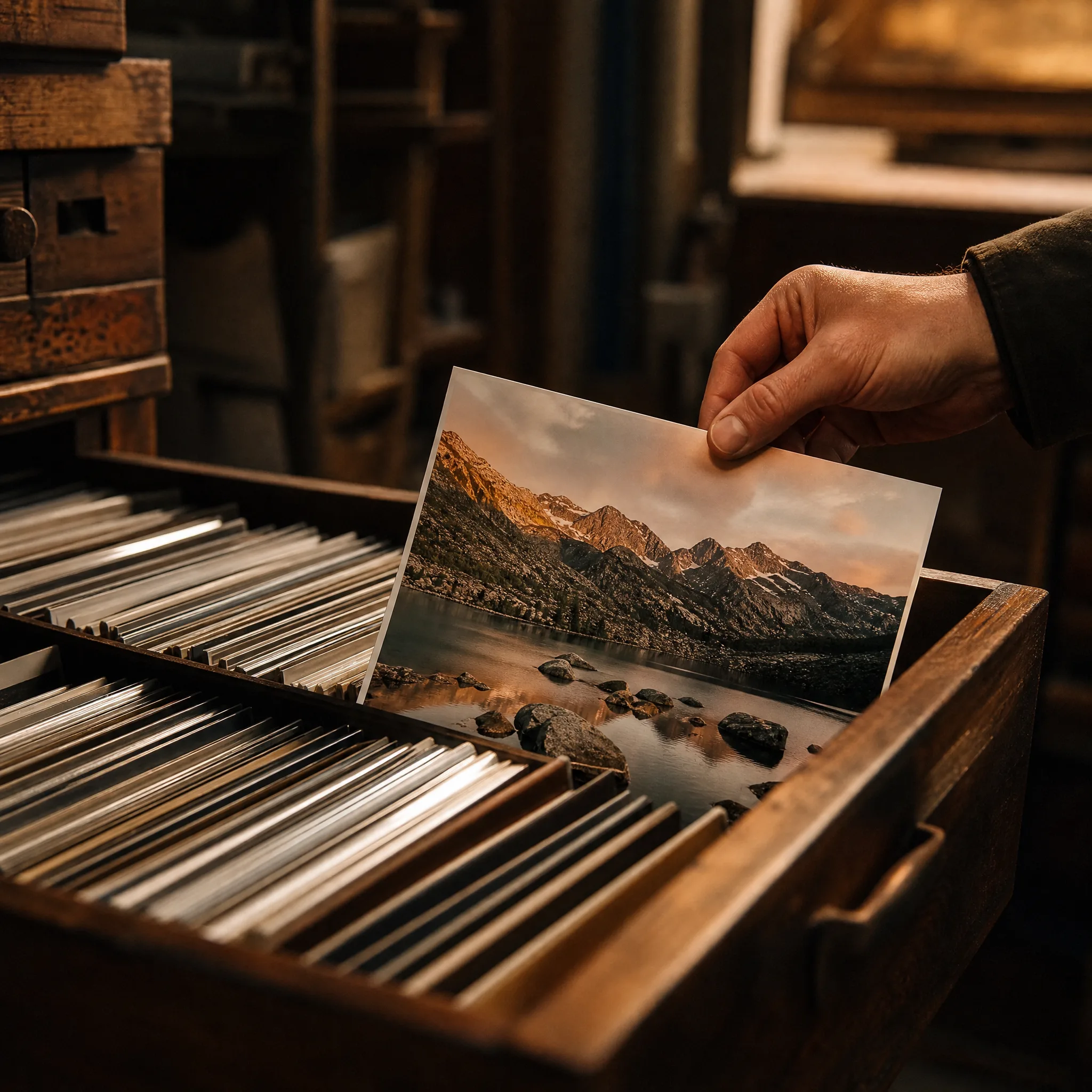 Hand pulling a mountain lake photo print from a wooden archive drawer of filed prints