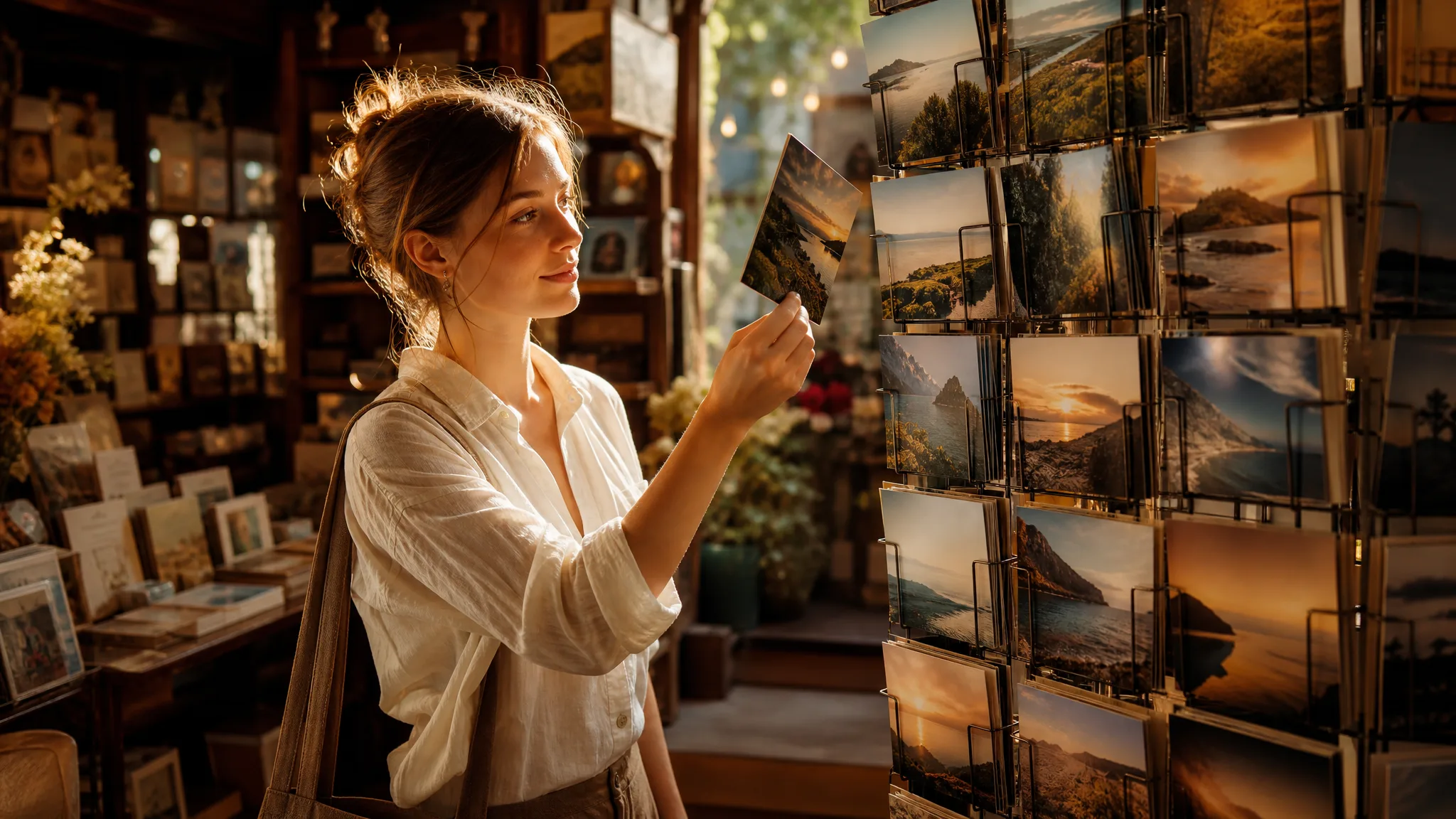 Woman picking a landscape postcard from a tall rack in a sunlit stationery shop
