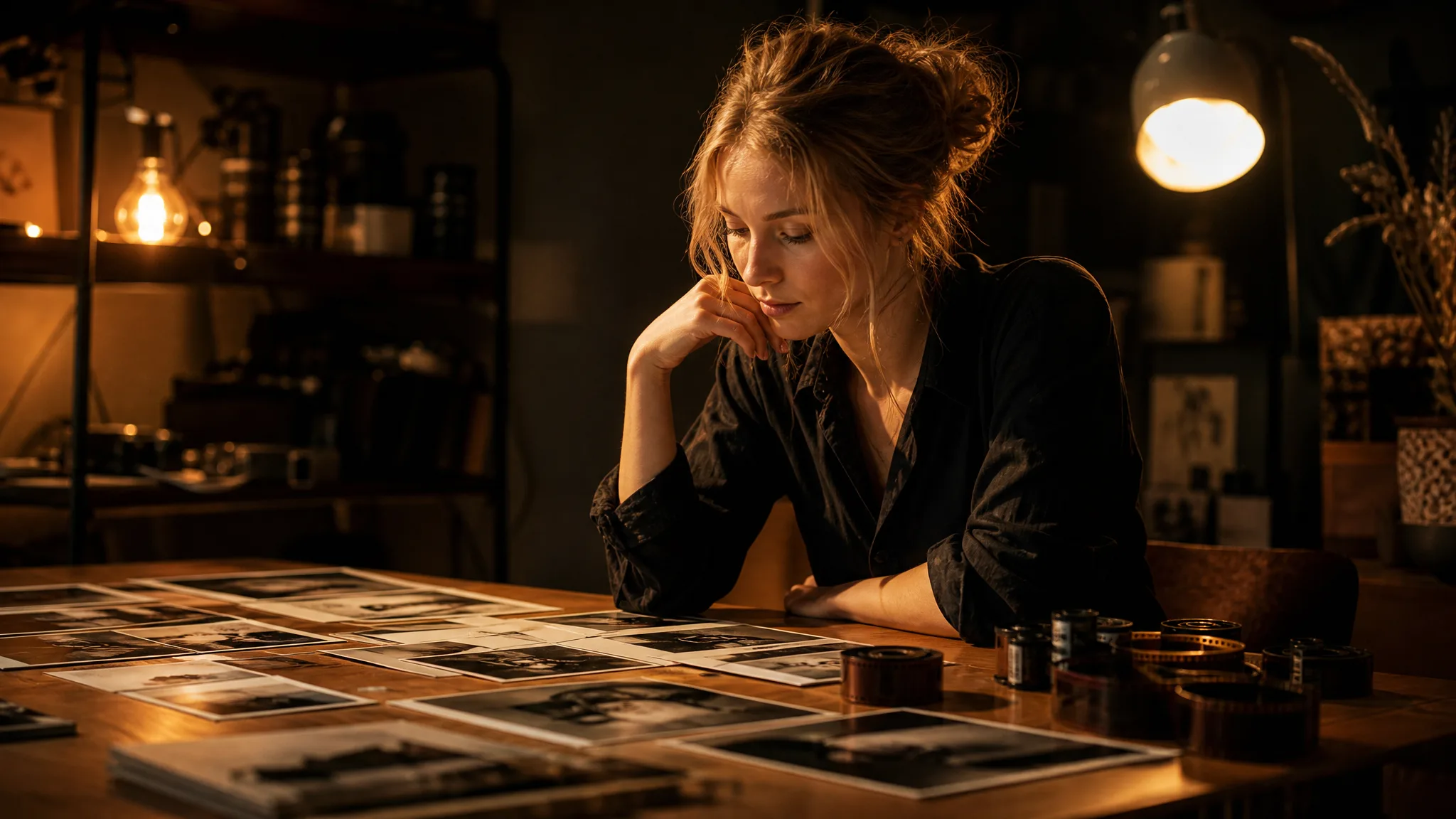 Woman at a lamplit studio table choosing between printed photographs and small film reels