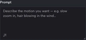 Empty prompt box with a hint to describe the motion, such as a slow zoom in or hair blowing in the wind