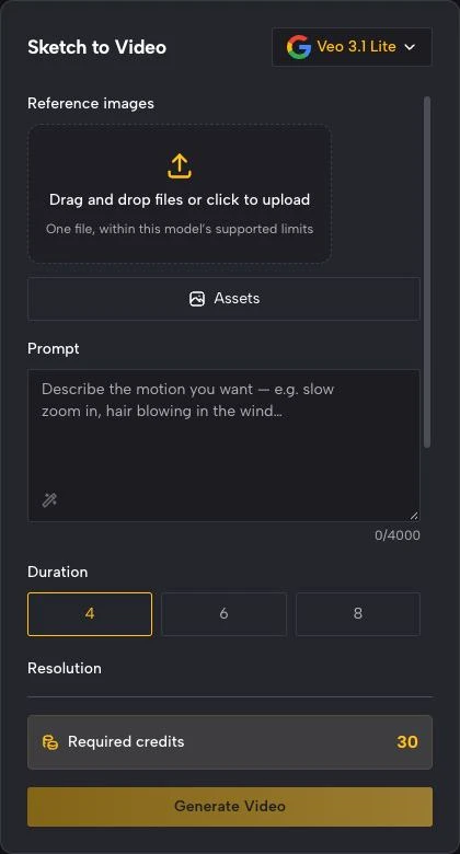 Sketch to Video panel with Veo 3.1 Lite selected, an empty image drop zone, a prompt box and 4, 6 or 8 second options
